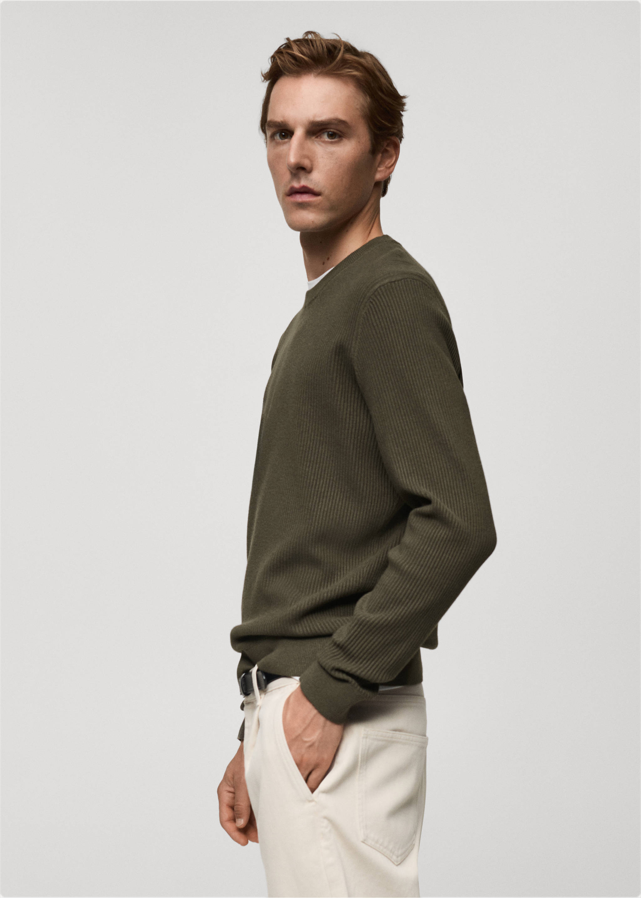 Fine rib-knit cotton sweater - Details of the article 2, Khaki. Ref: 87010610-00.