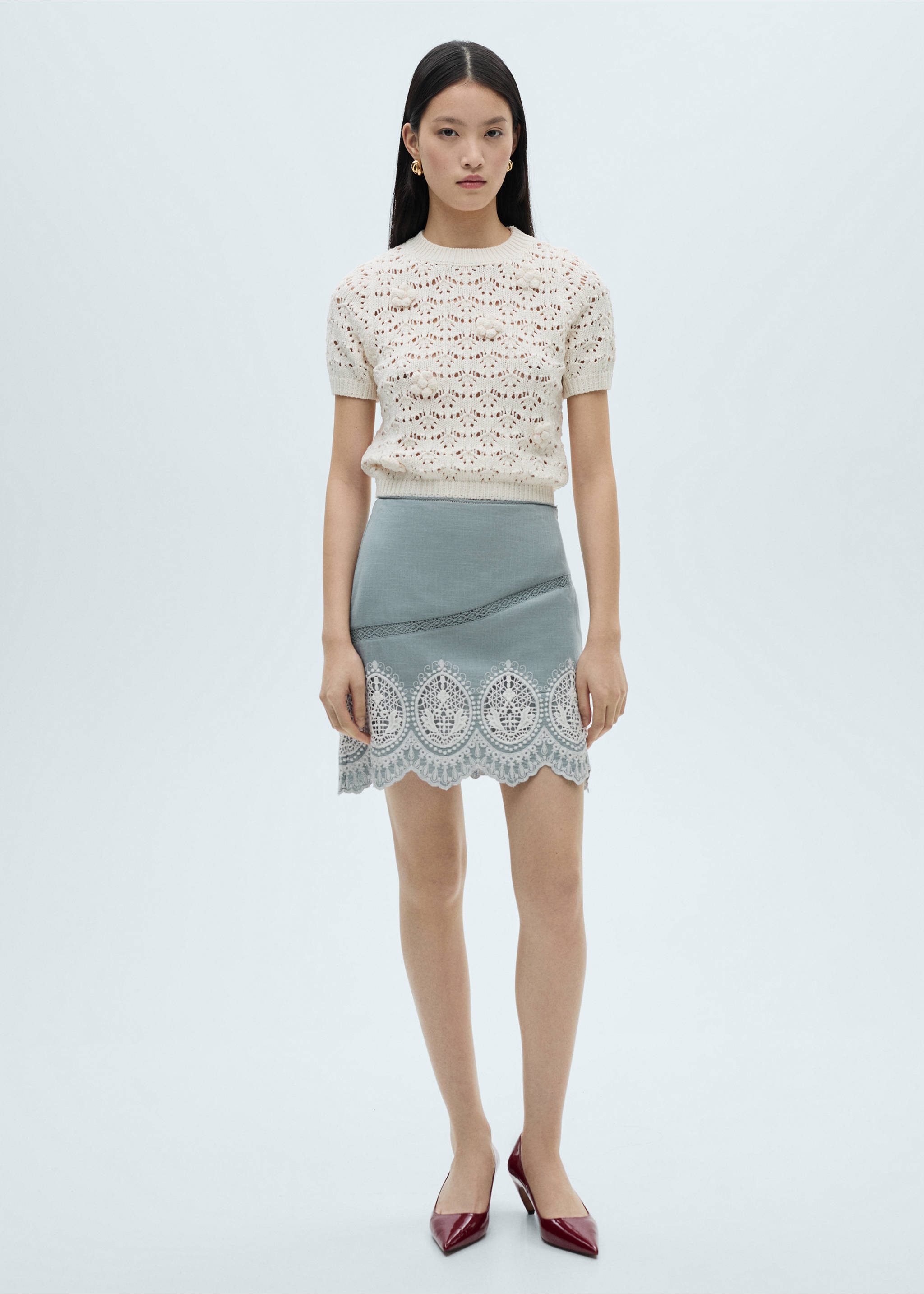 Cotton skirt with embroidered hem - General plane, Blue. Ref: 87010628-00.