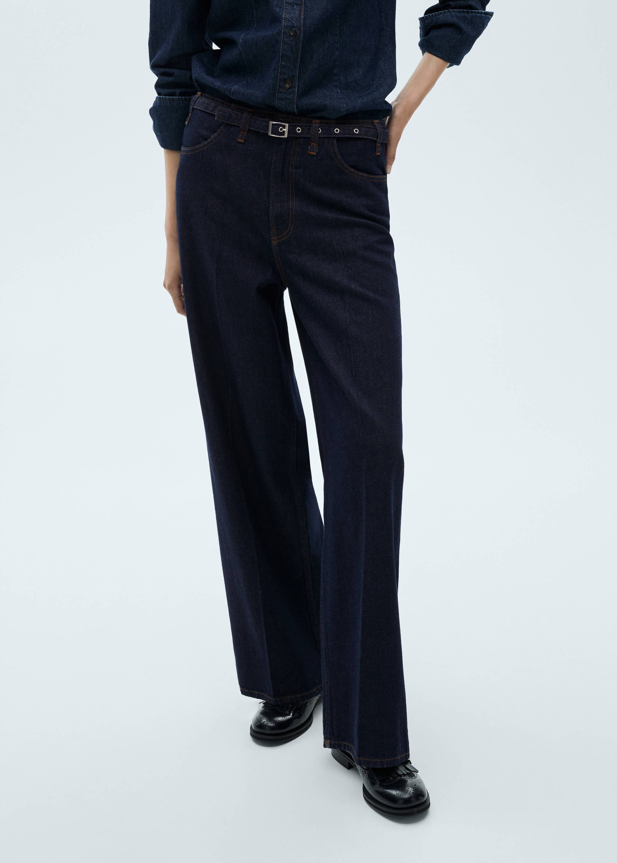 Rinse-wash wide leg jeans with belt - Medium plane