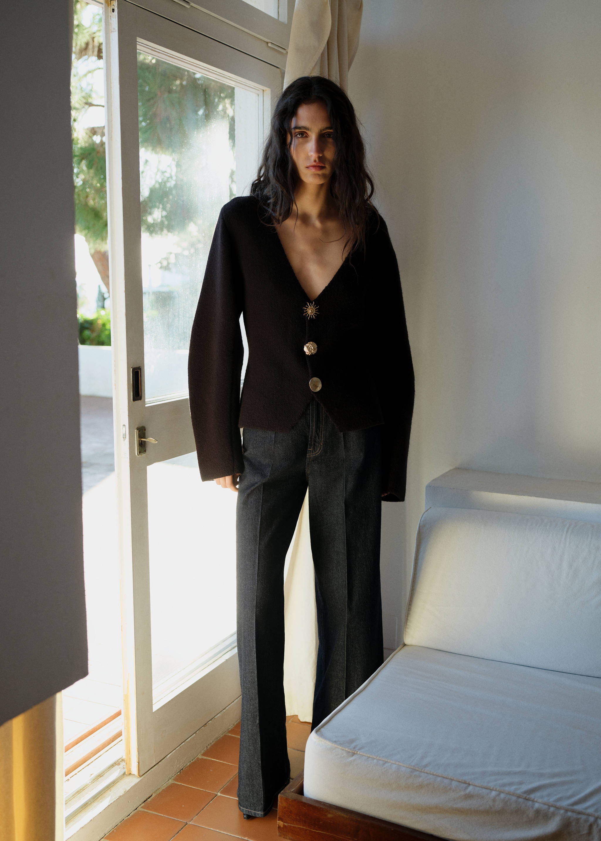 Calças de ganga wideleg com cintura alta rinse wash - Plano geral