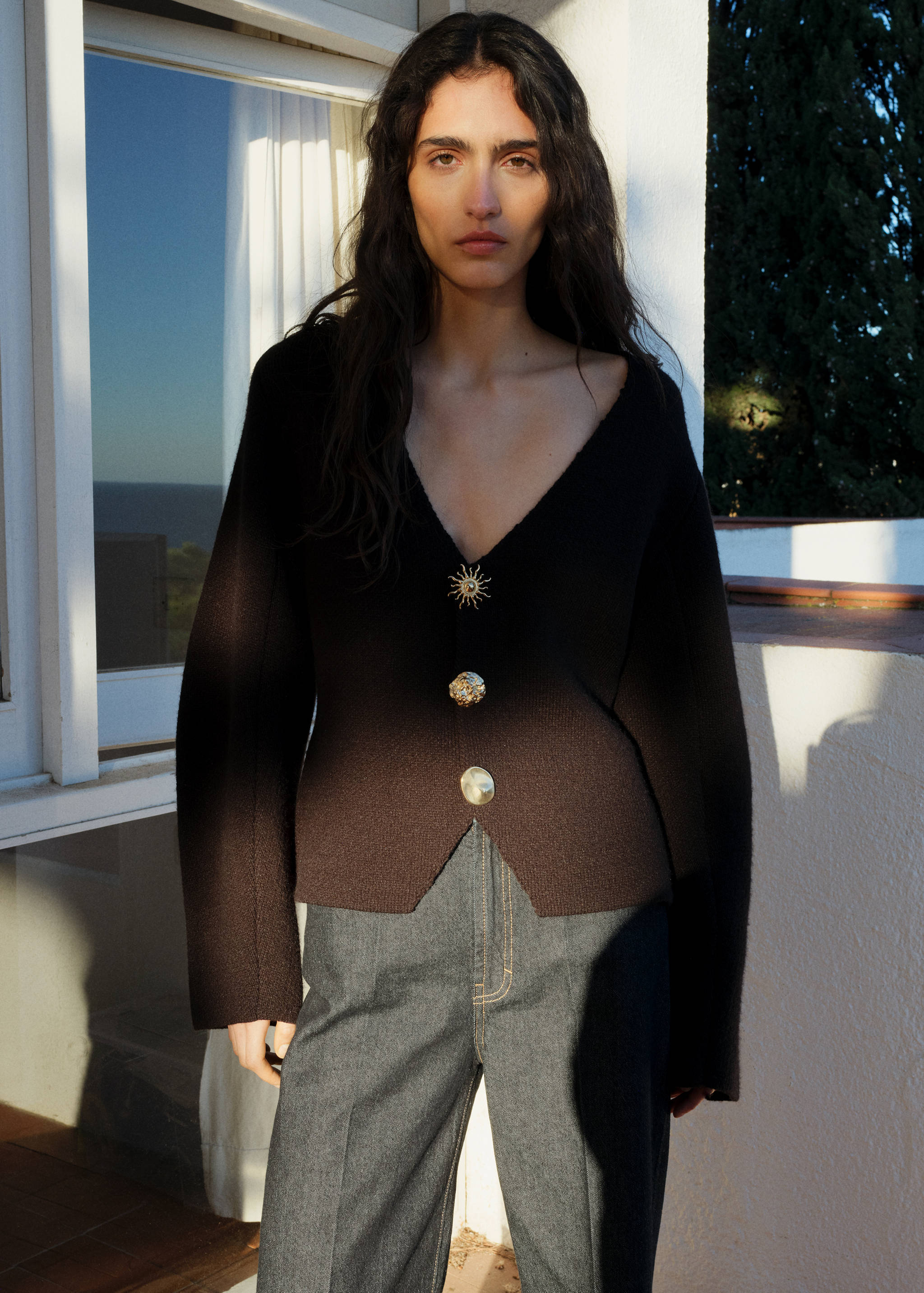 Calças de ganga wideleg com cintura alta rinse wash - Plano médio