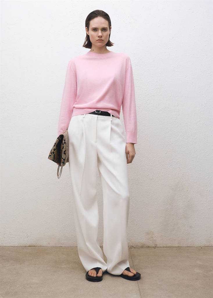 MANGO - Pull-over laine mélangée col rond rose - XS