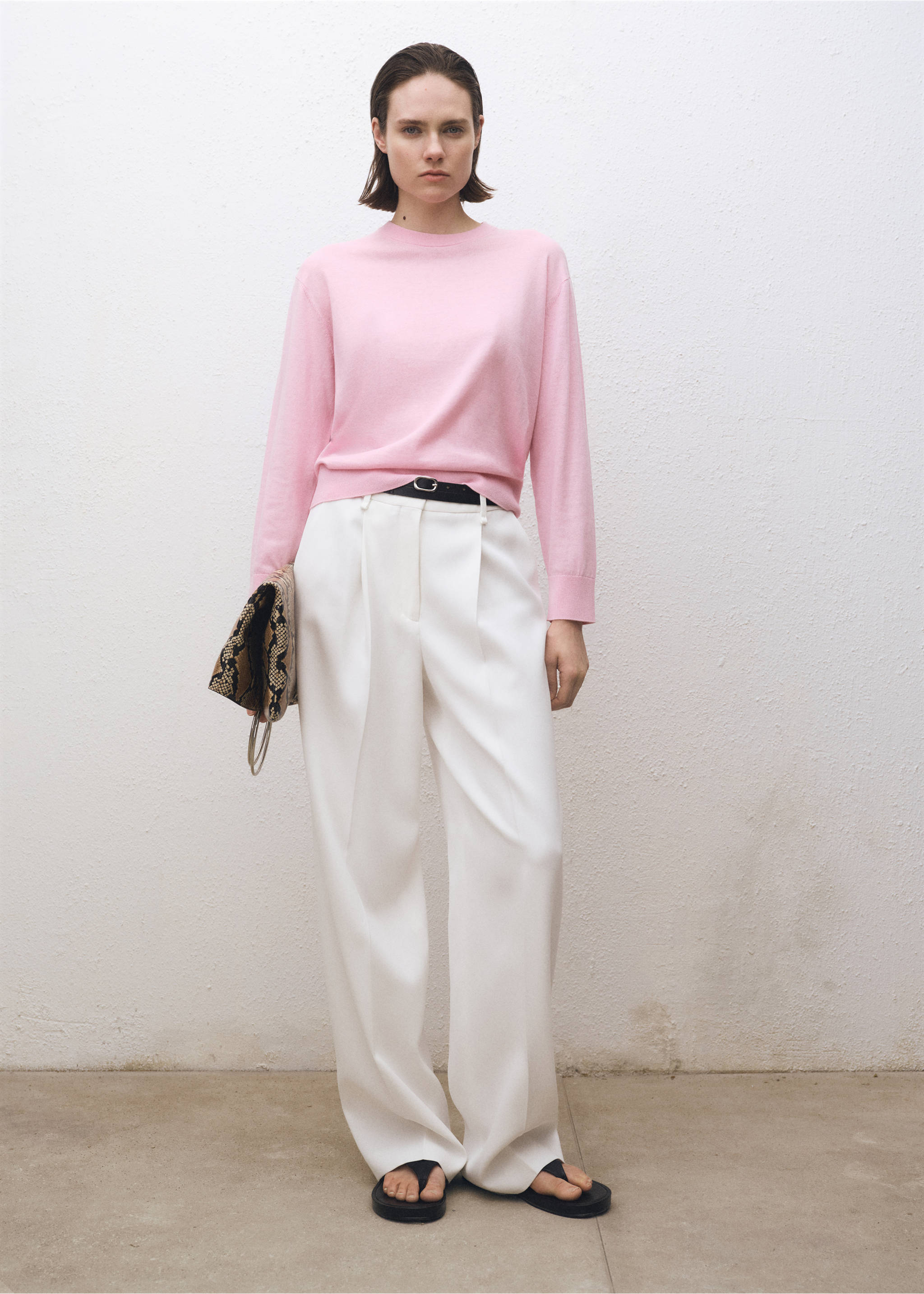 Pull-over laine mélangée col rond - Plan général, Rose. Ref: 87014090-00.