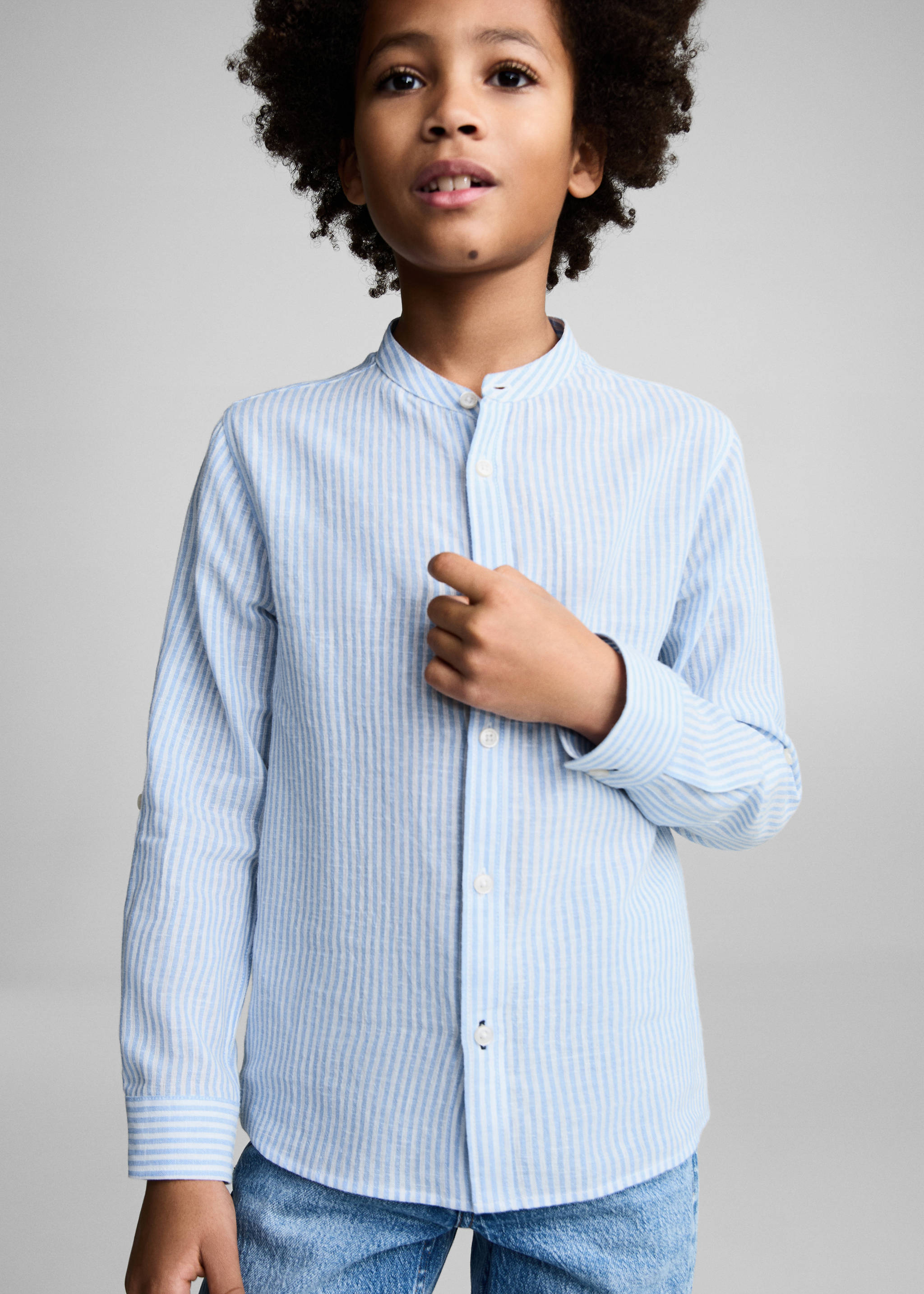 Camisa algodón lino rayas - Plano medio, Azul. Ref: 87014404-00.