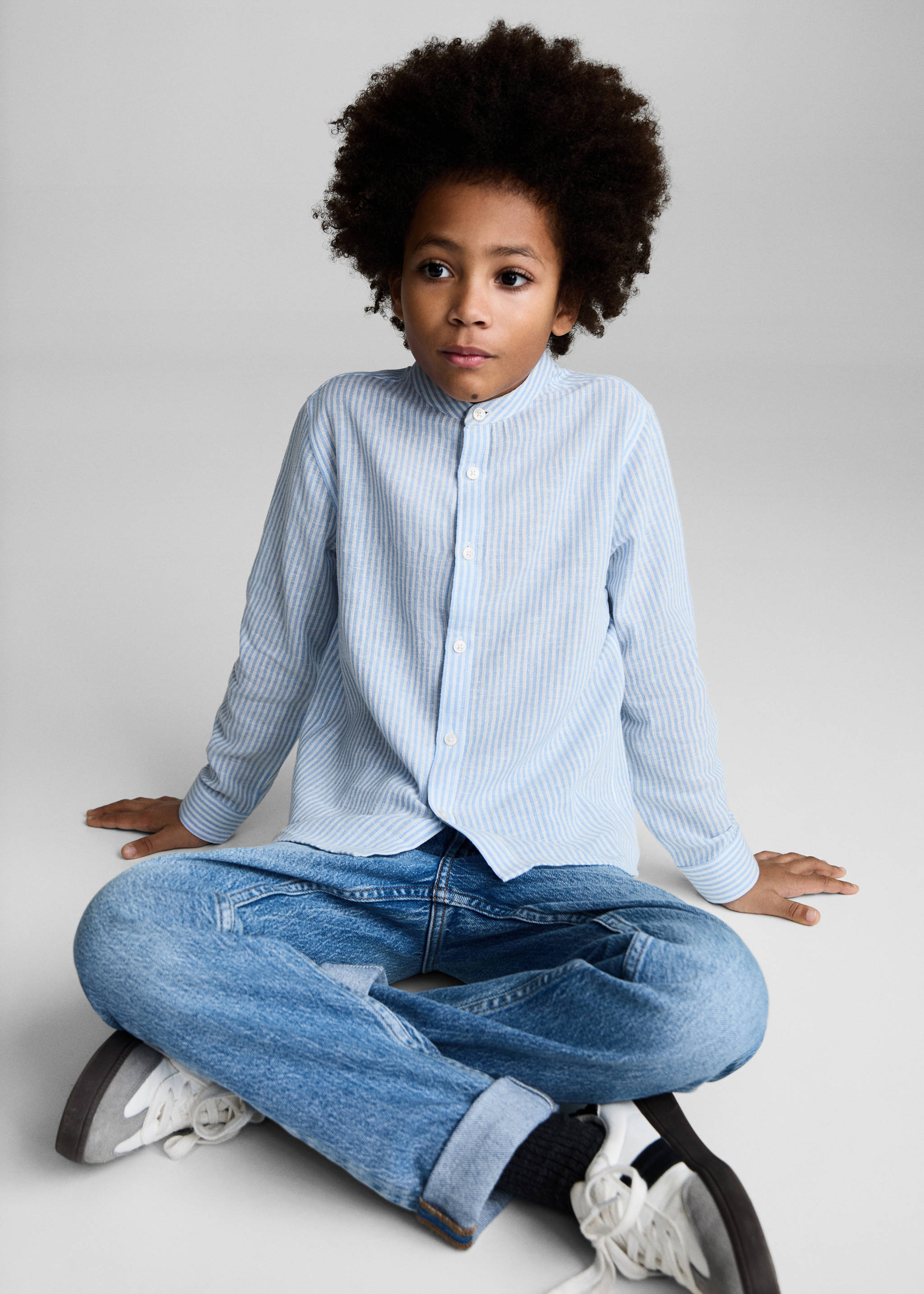 Camisa algodón lino rayas - Detalle del artículo 2, Azul. Ref: 87014404-00.