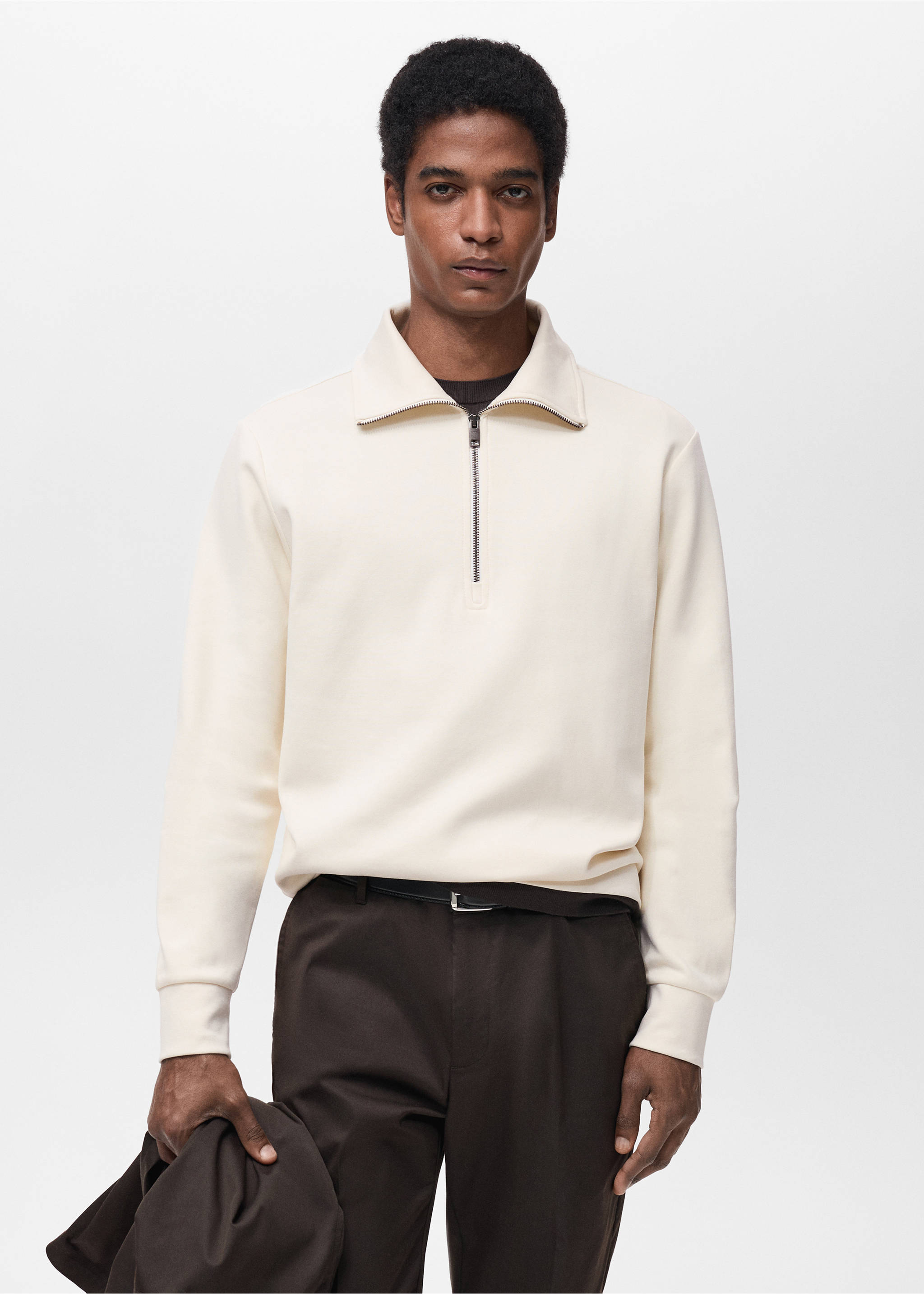 Fermuarlı regular kesim pamuklu sweatshirt - Orta plan, Kırık Beyaz. Ref: 87014412-00.