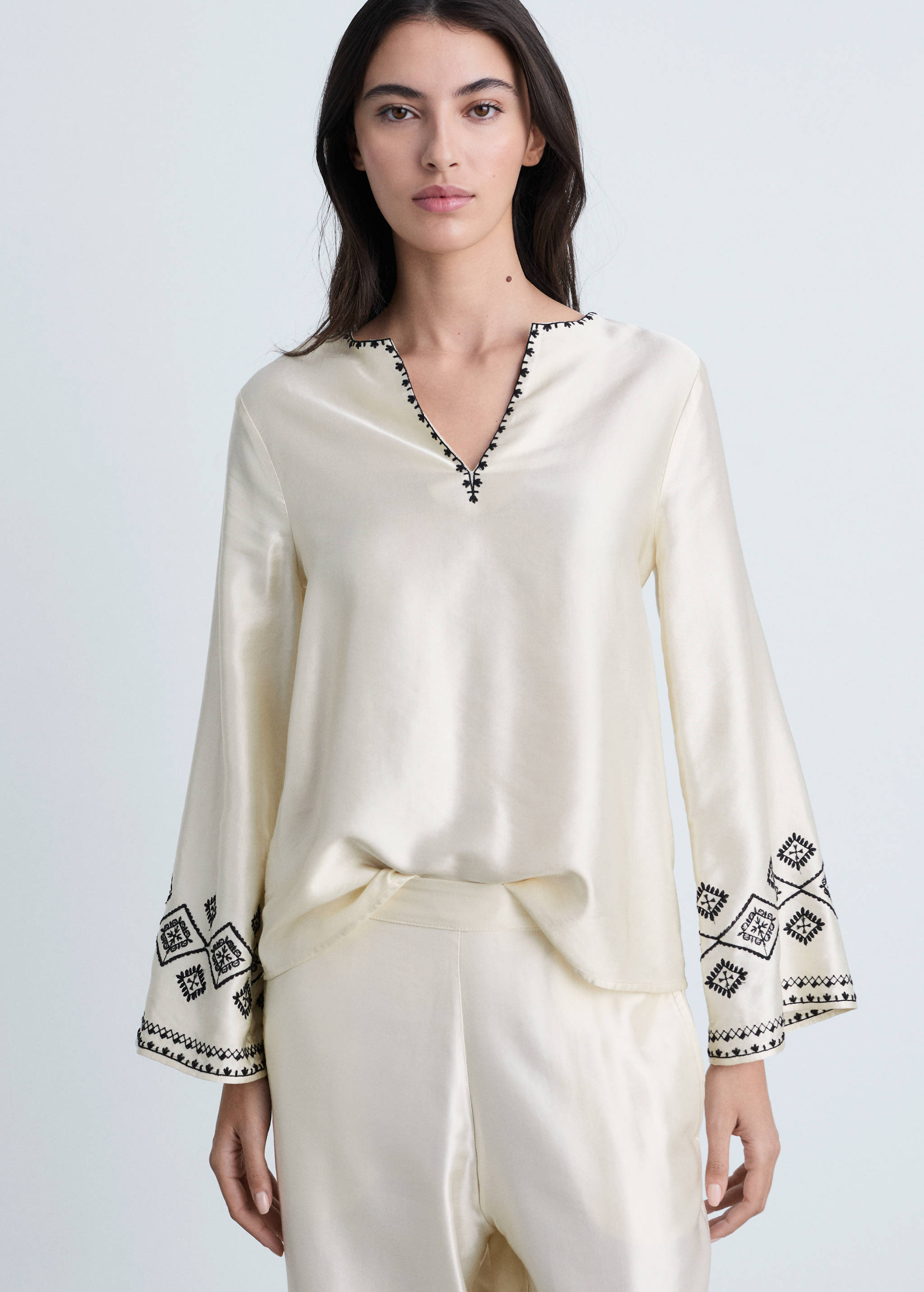 刺绣裤腿阔腿裤 - null