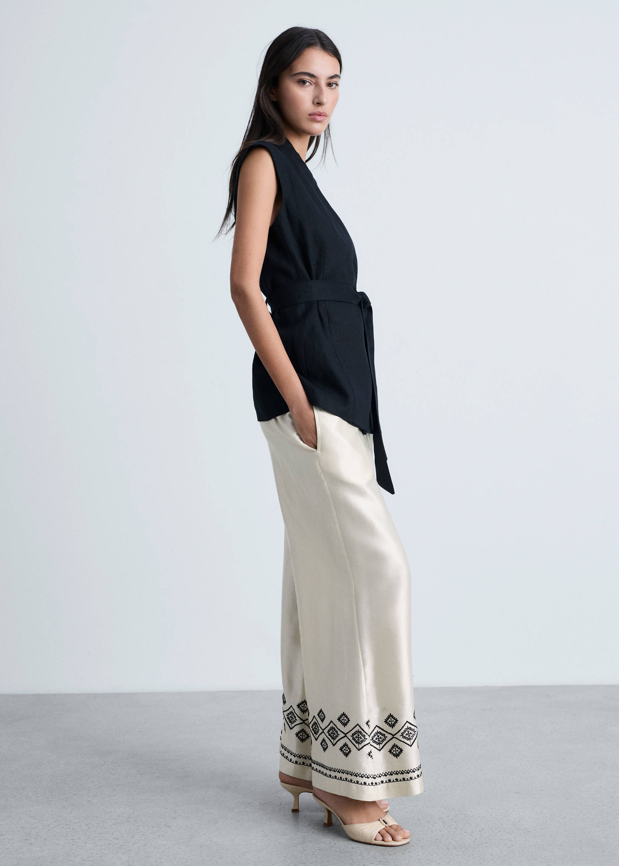 刺绣裤腿阔腿裤 - null