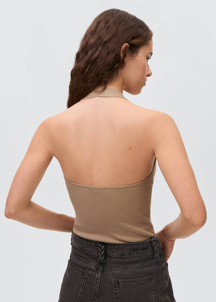 Ribbed top with back slit — Beige