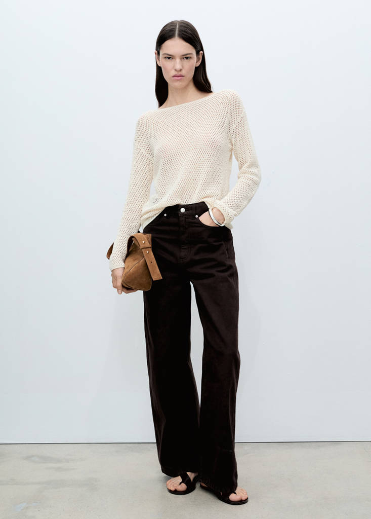 Openwork knitted boat-neck sweater — Ecru
