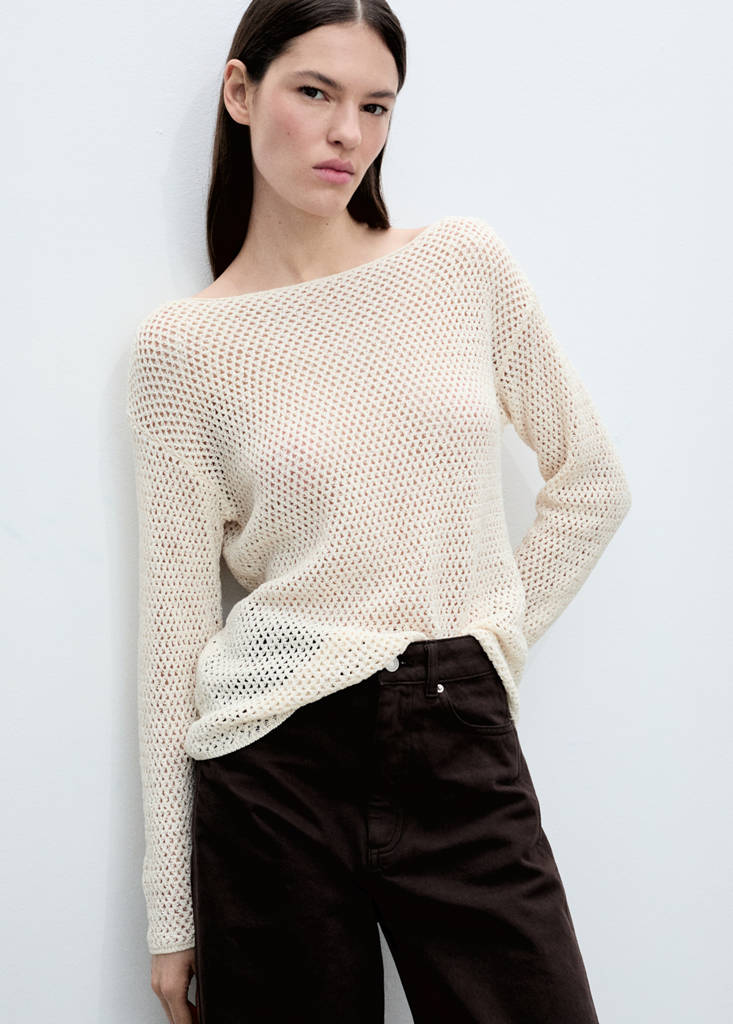 Openwork knitted boat-neck sweater — Ecru