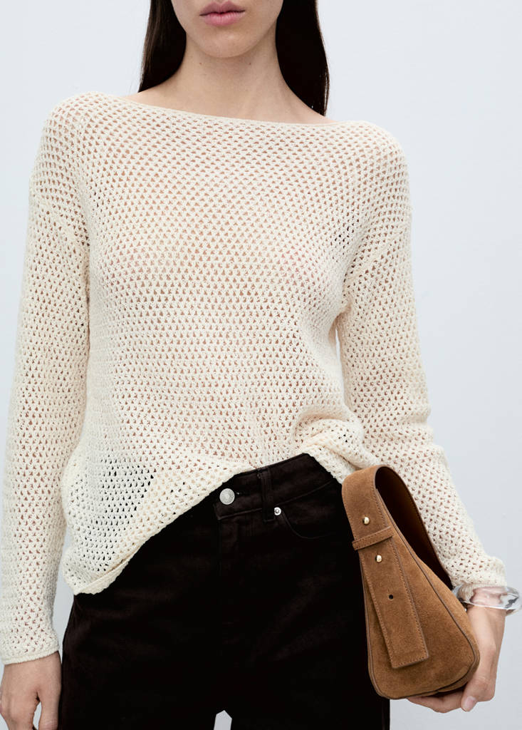 Openwork knitted boat-neck sweater — Ecru