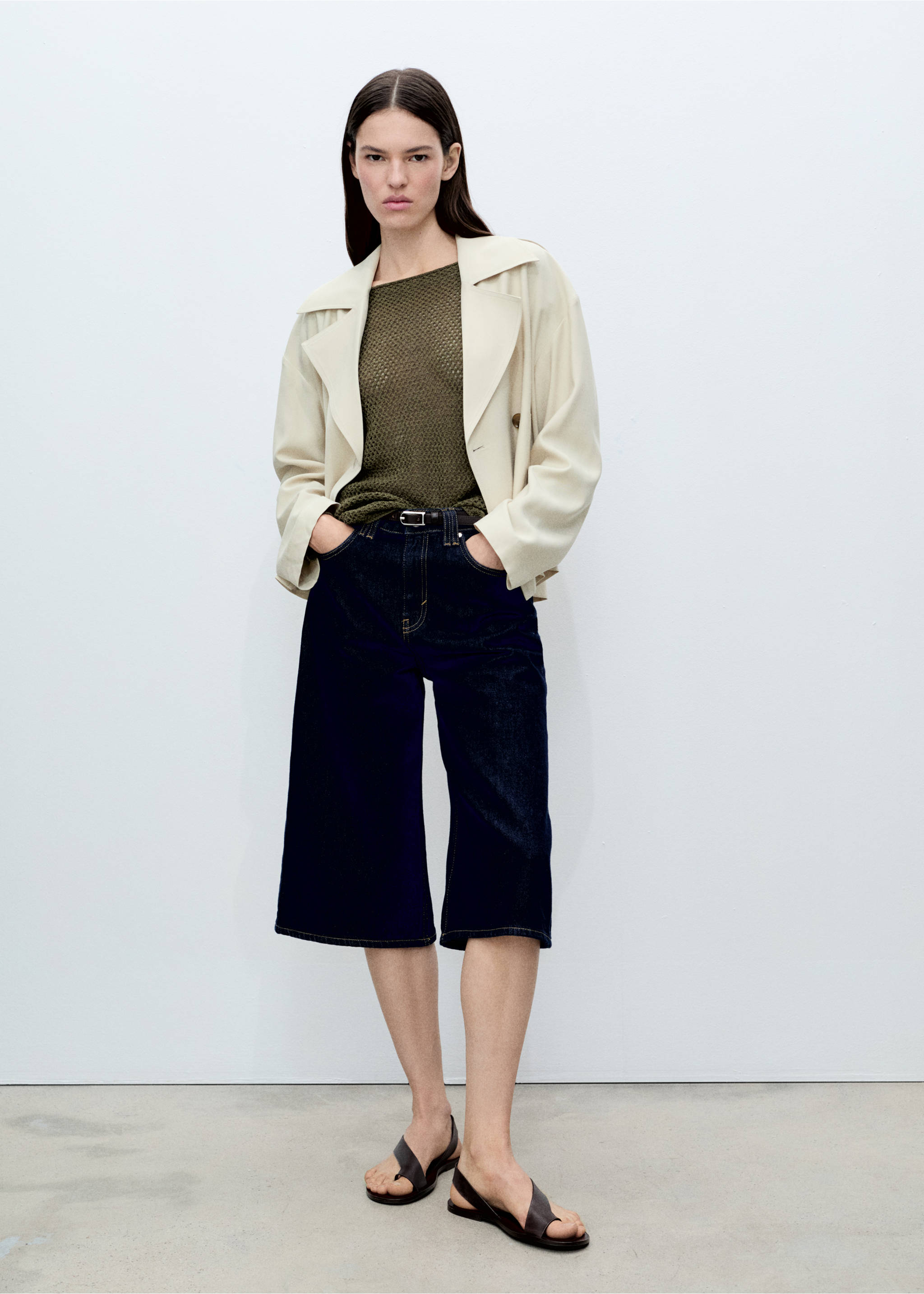 Jersey cuello barco punto calado - Plano general, Khaki. Ref: 87015754-00.