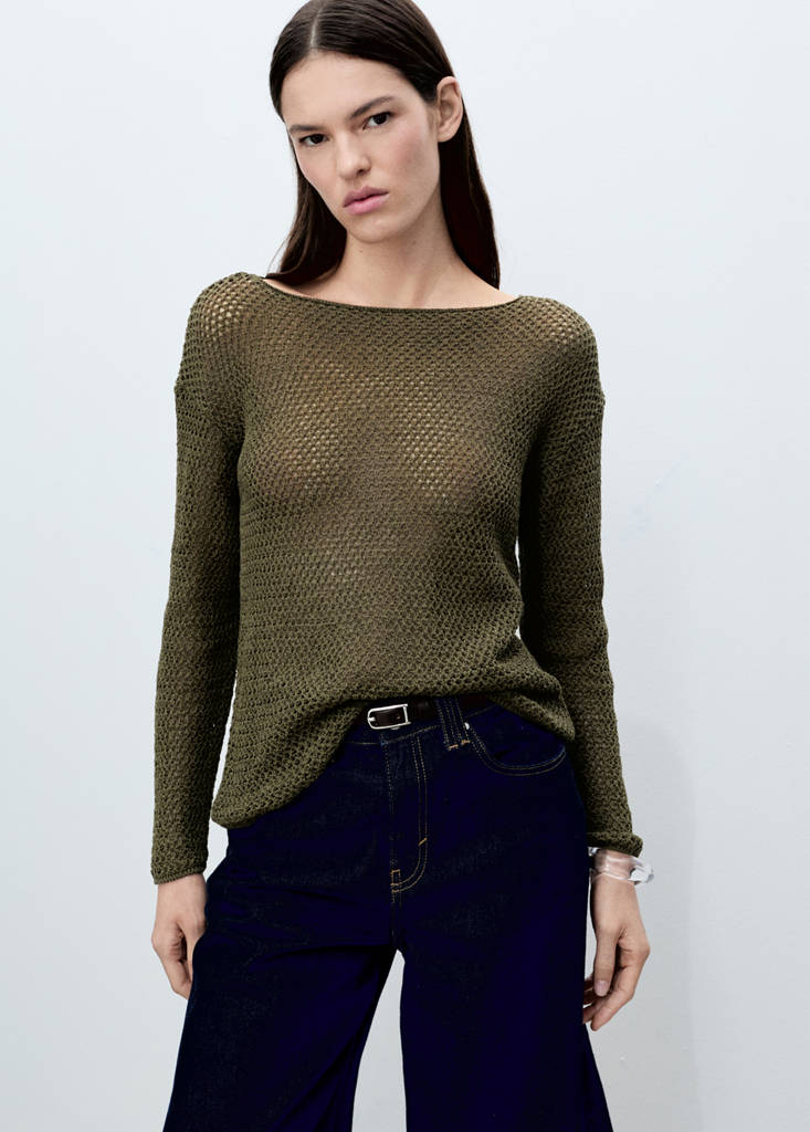 Openwork knitted boat-neck sweater — Khaki