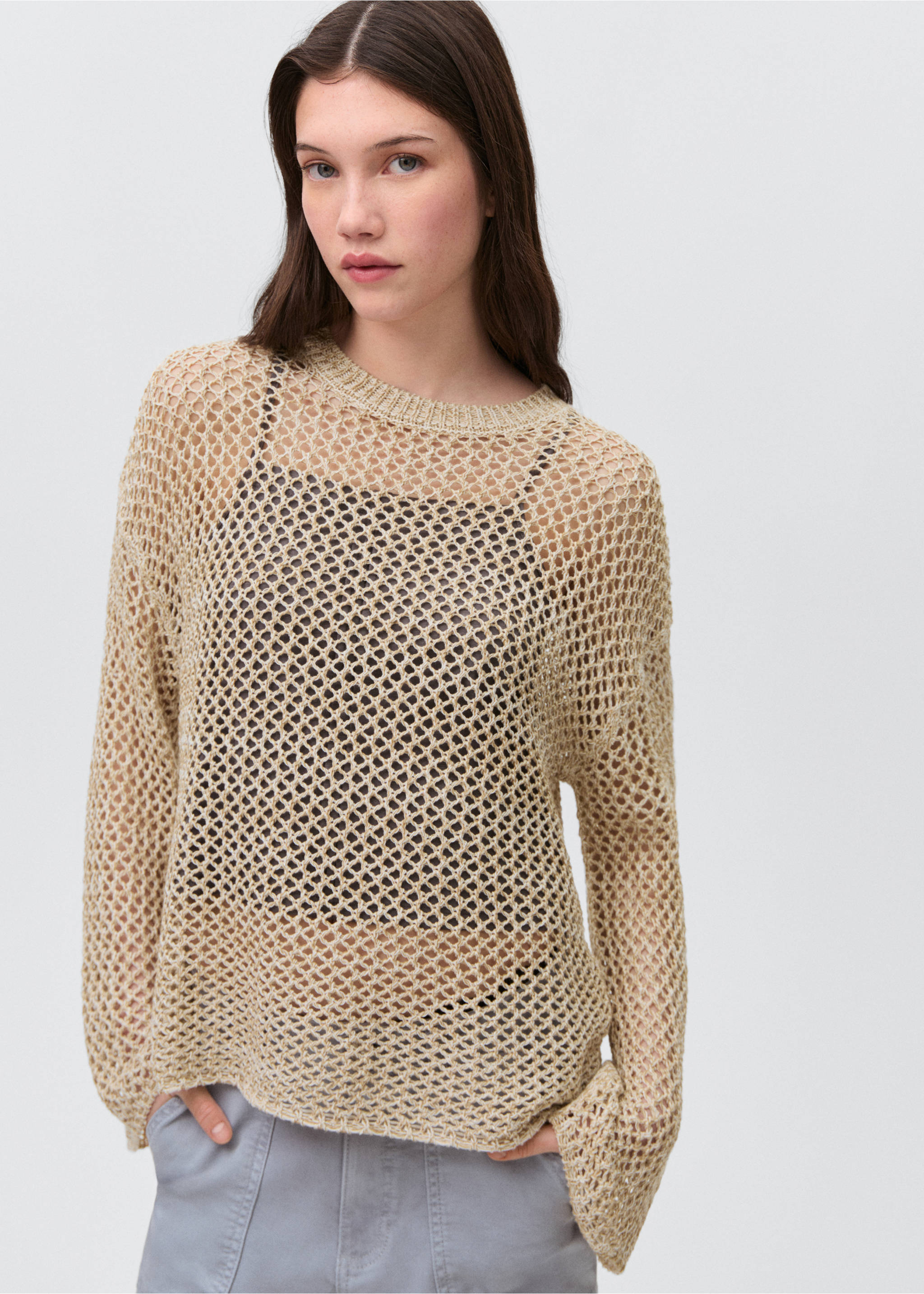 Knit sweater with lace pattern - Medium plane, Beige. Ref: 87015757-00.