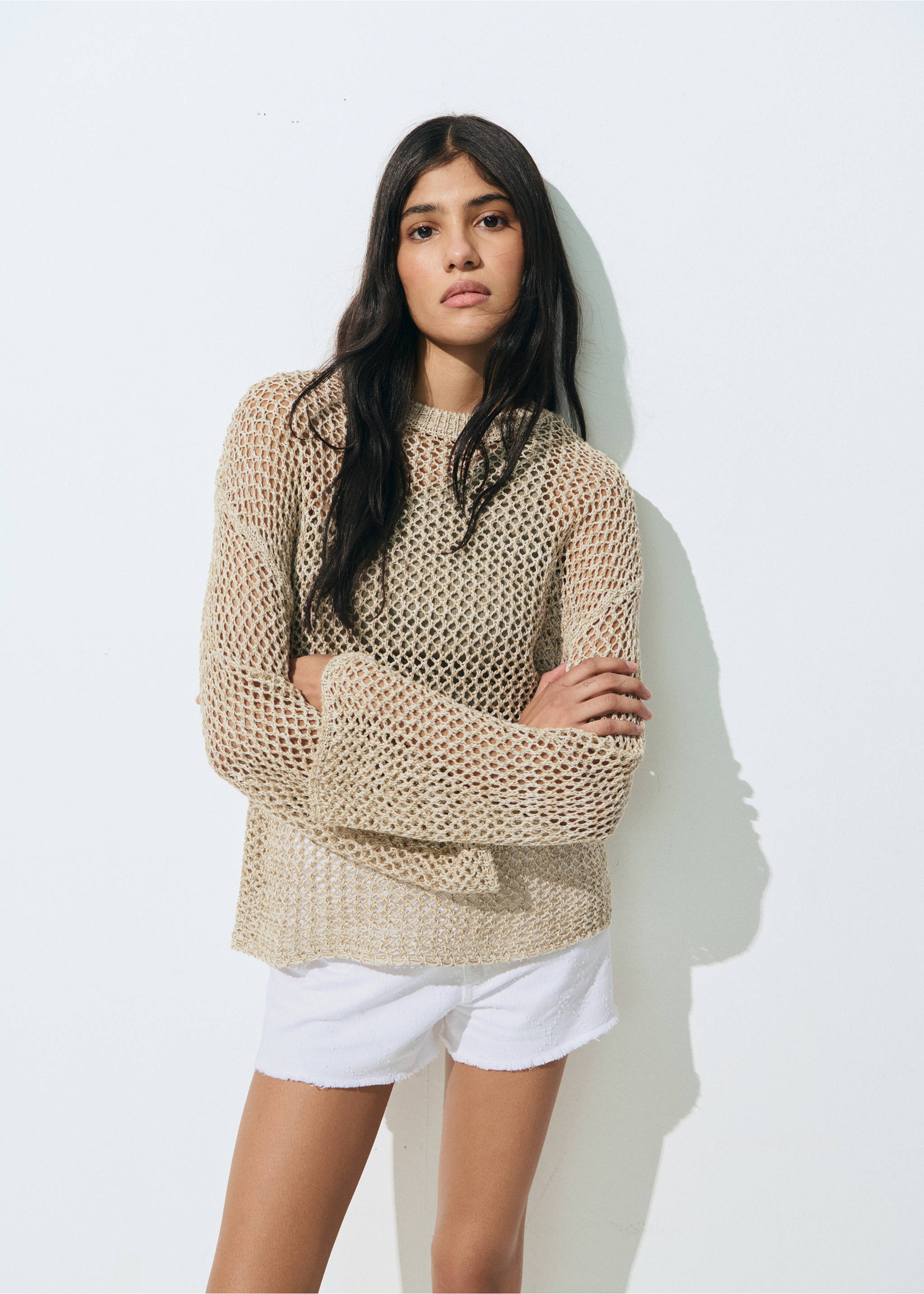 Knit sweater with lace pattern - Details of the article 5, Beige. Ref: 87015757-00.