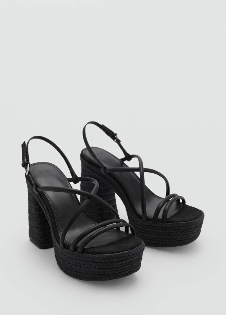 Heeled esparto sandal with straps — Black