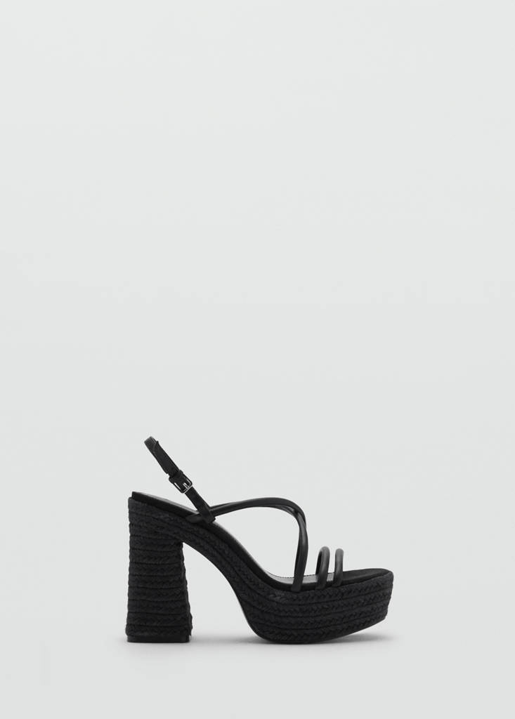 Heeled esparto sandal with straps — Black