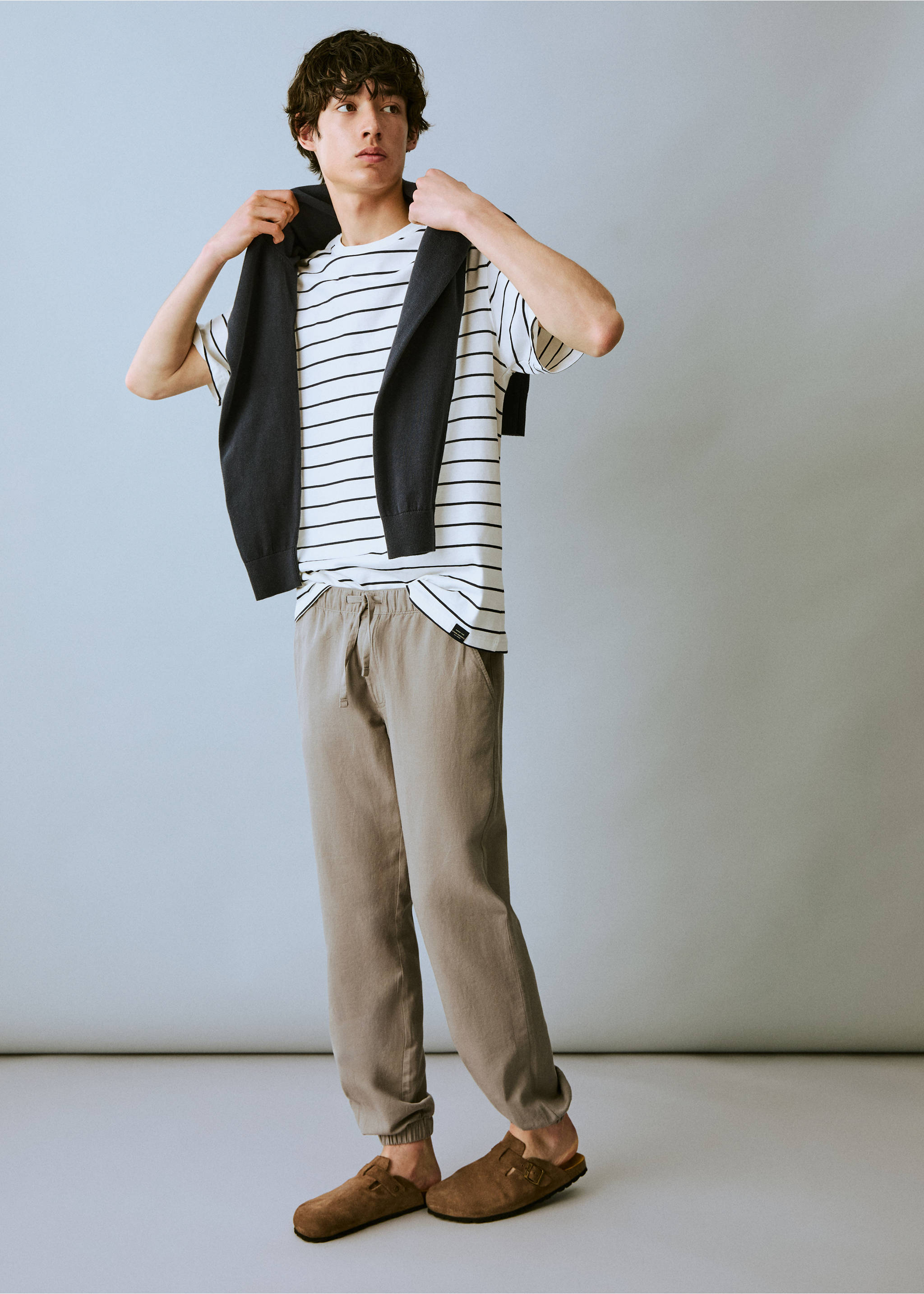 Keten pamuklu jogger pantolon - Genel plan, Haki Renk. Ref: 87016360-00.