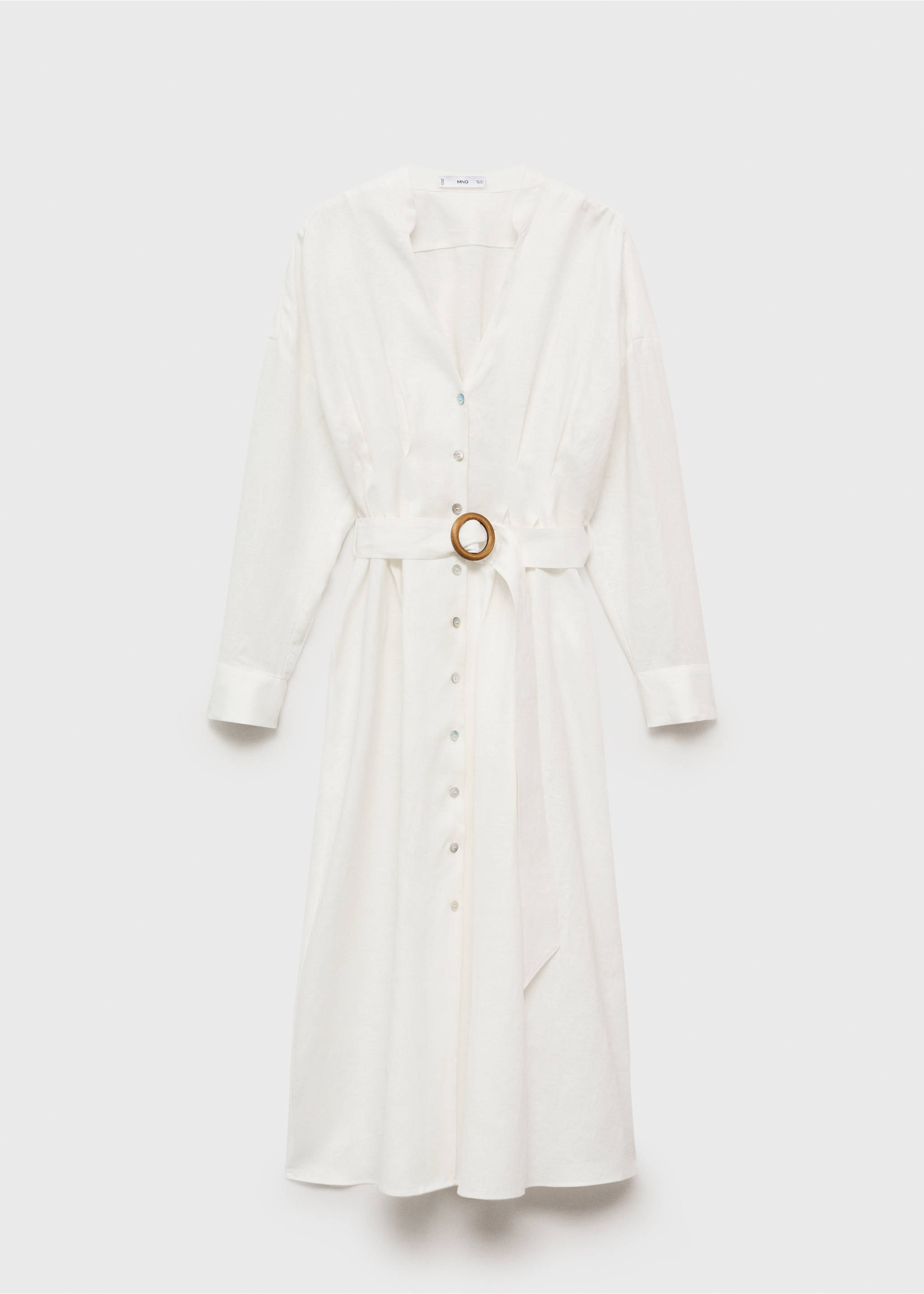 White long-sleeved midi dress with V-neck and wooden buckle belt., White. Ref: 87017166-00.