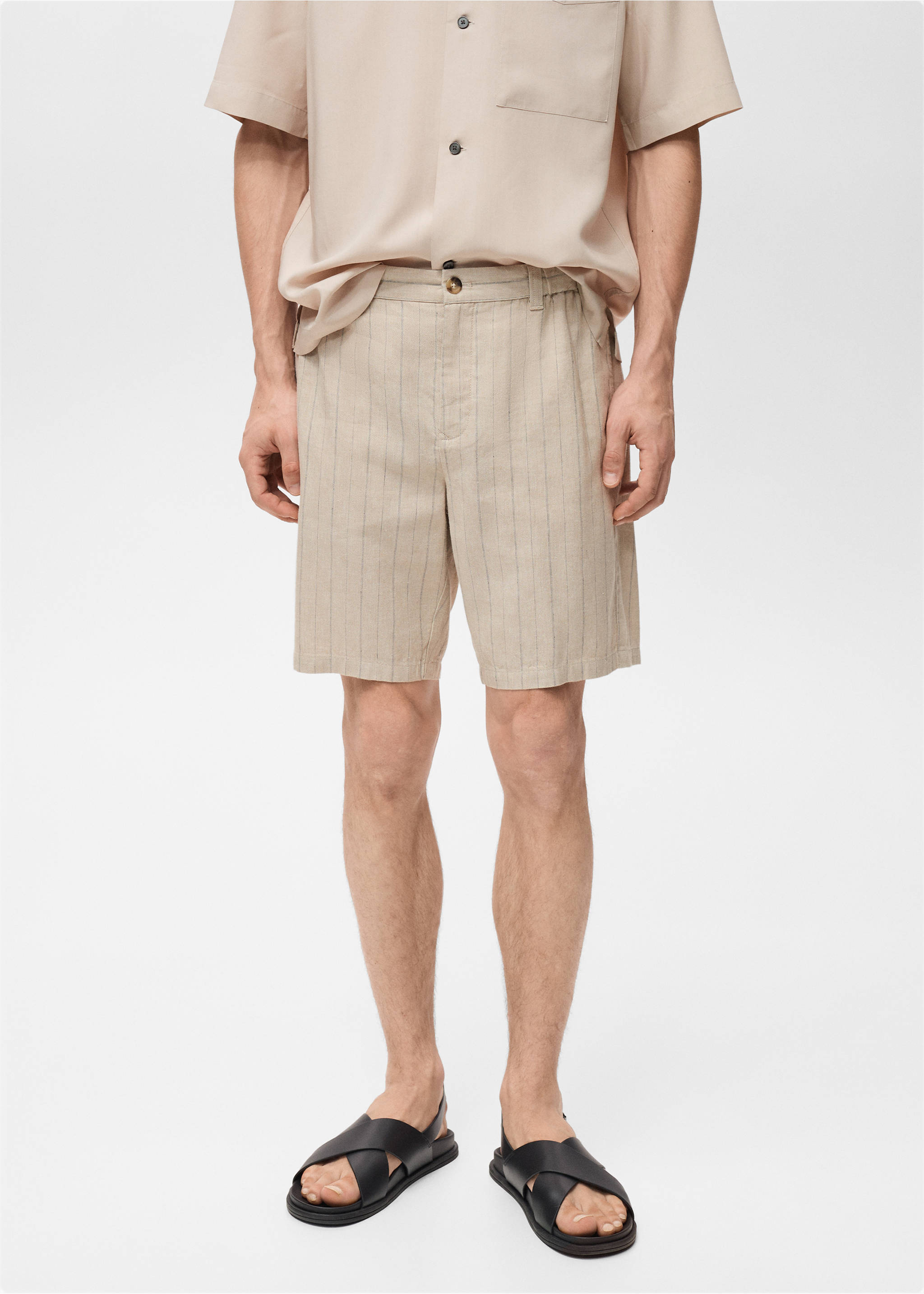 Striped linen-blend Bermuda shorts - Medium plane, Sand. Ref: 87017889-00.