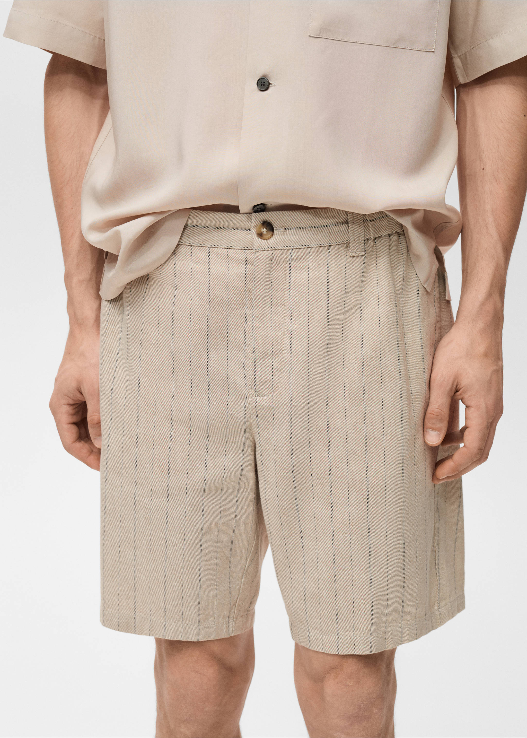 Striped linen-blend Bermuda shorts - Details of the article 1, Sand. Ref: 87017889-00.