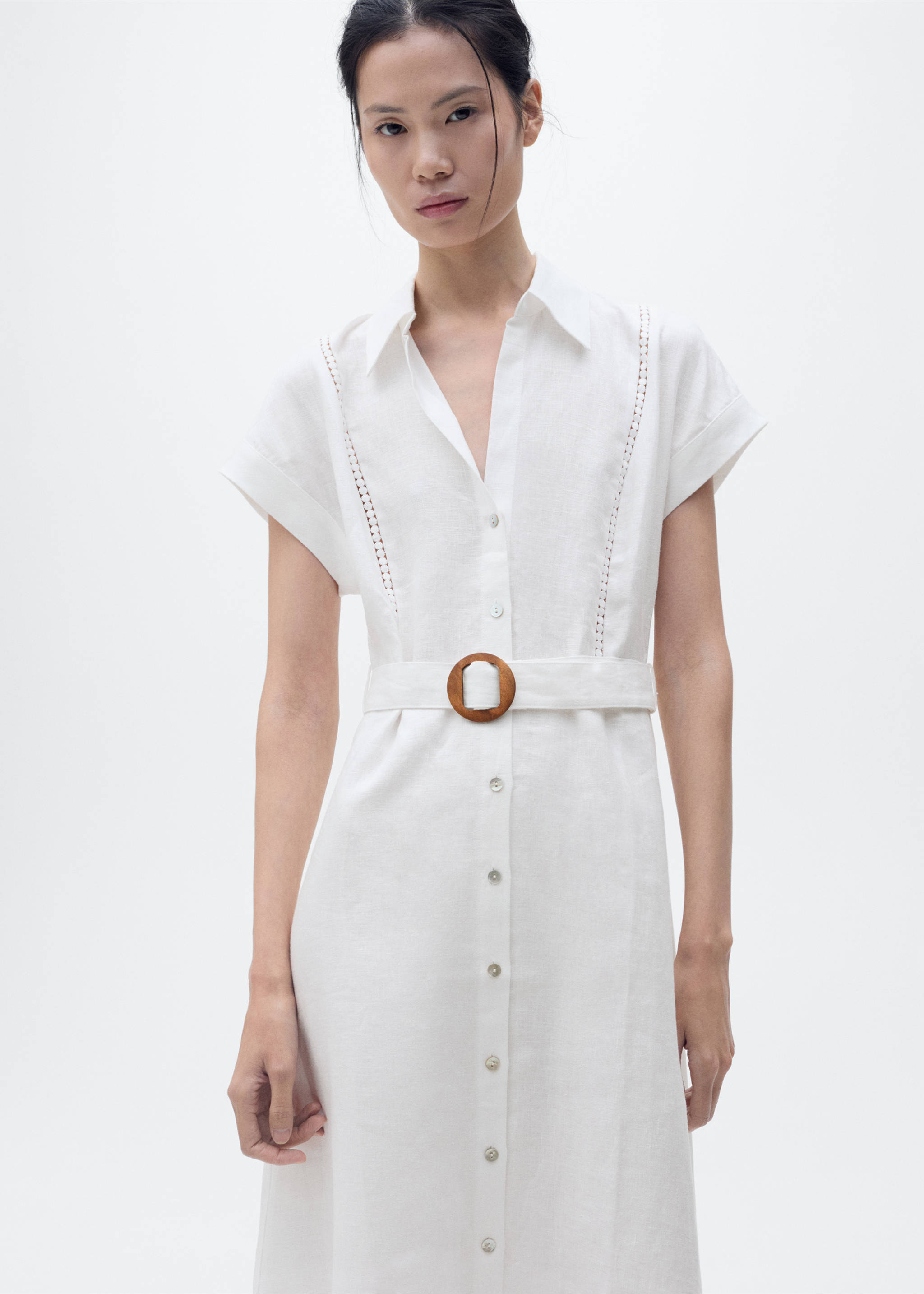 White midi shirt dress with short sleeves, ladder-stitch embroidery, and a tortoiseshell-buckle belt., White. Ref: 87018644-00.