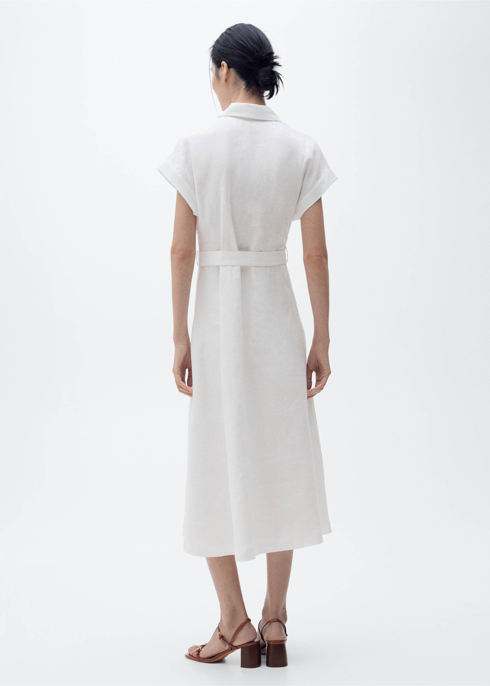Back view of a white midi shirt dress with short sleeves and a waist belt., White. Ref: 87018644-00.