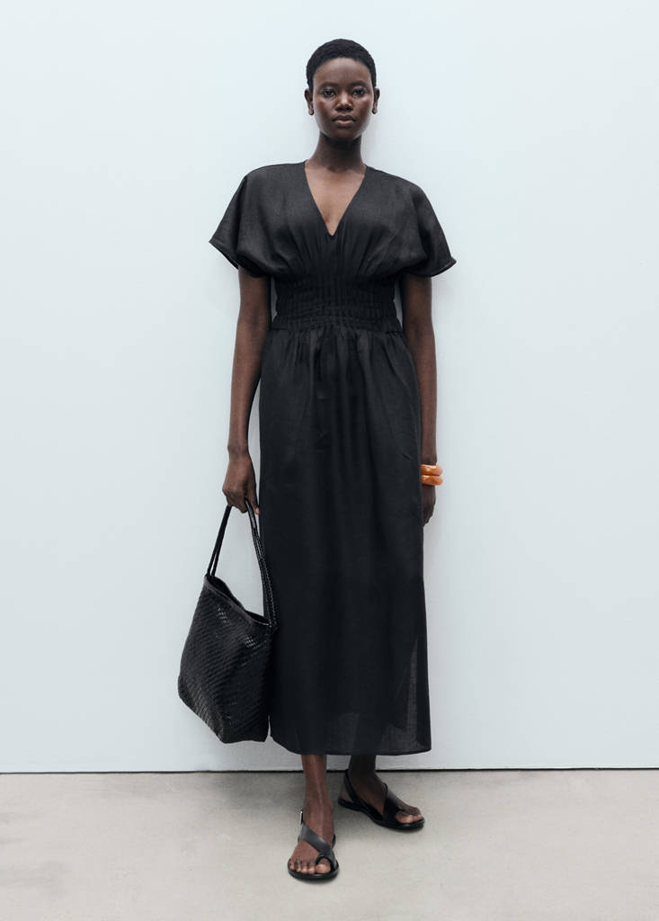 MANGO - Robe longue en lin avec empiècement froncé noir - XS