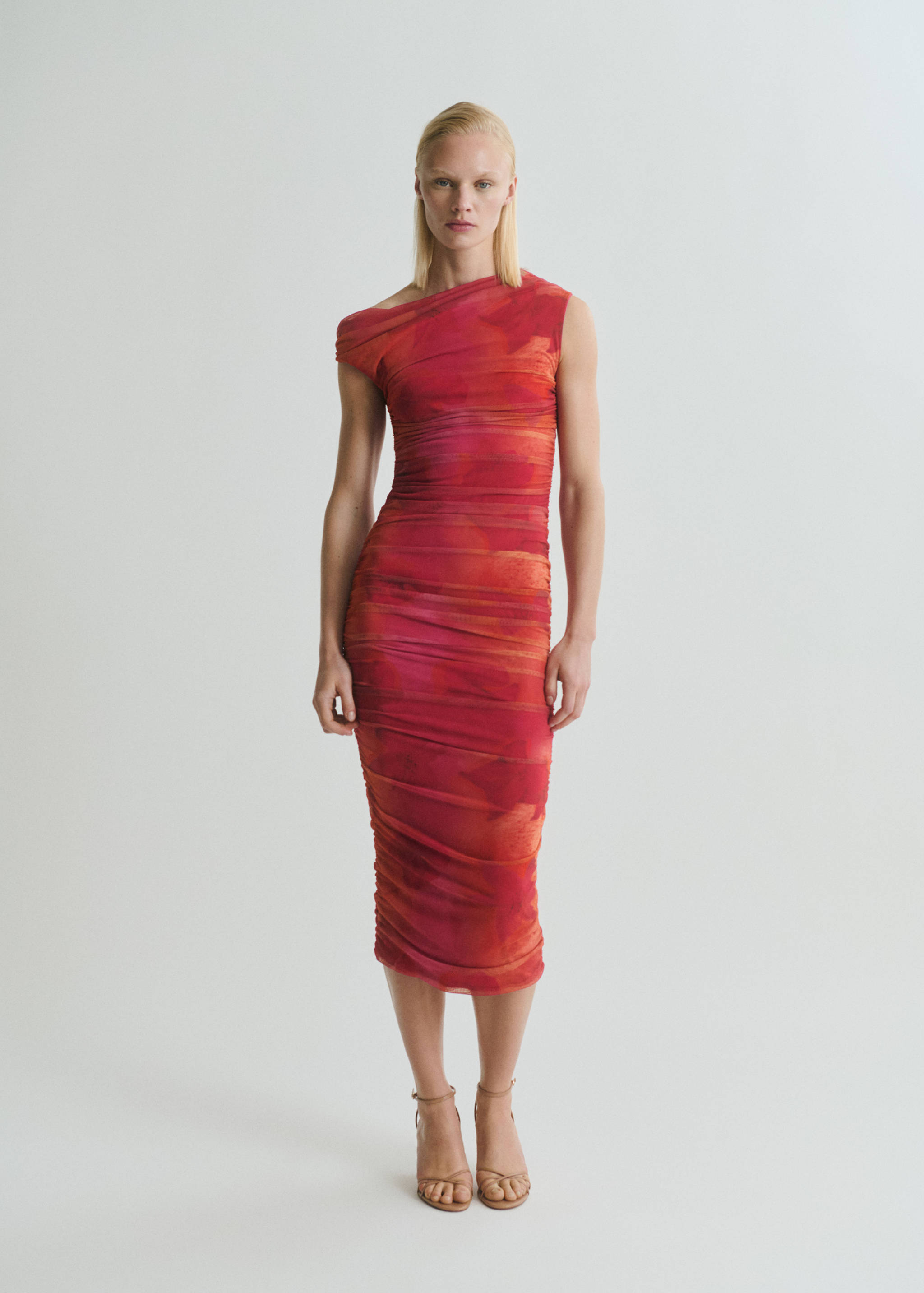 Floral midi-dress with asymmetrical neckline - General plane