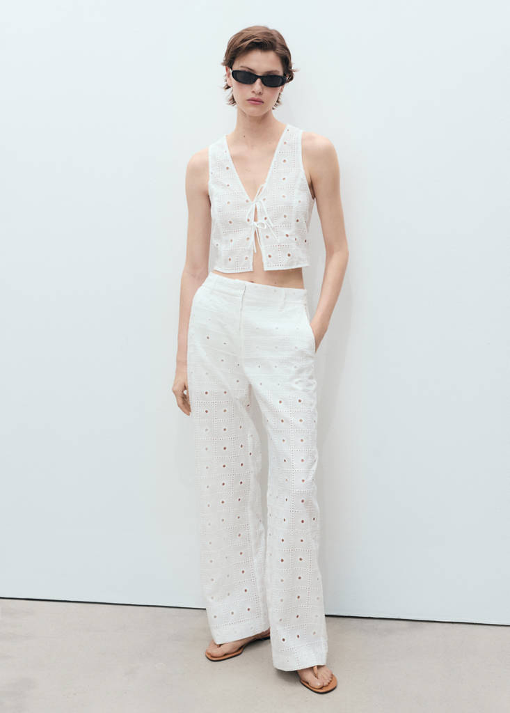 MANGO - Pantalon droit coton brodé blanc - 38