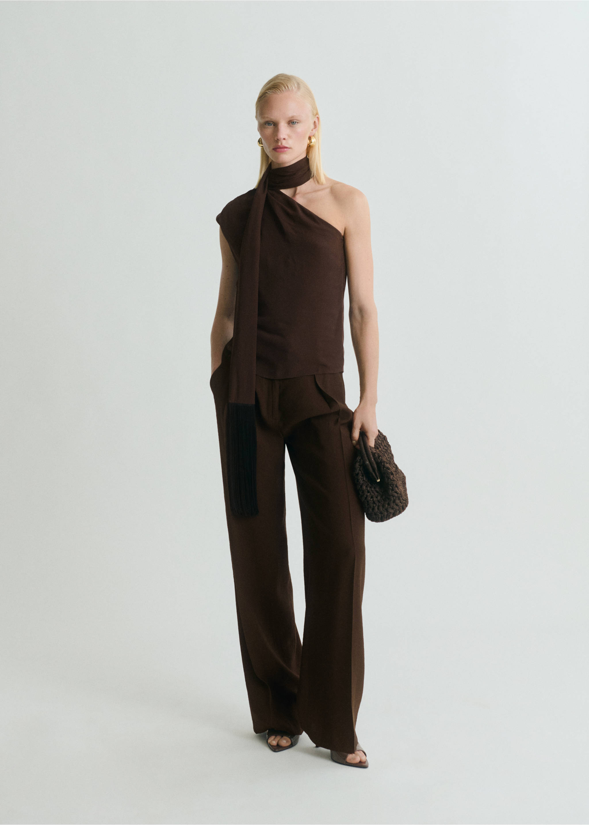 Asymmetrical scarf blouse with fringe detail - General plane, Brown. Ref: 87019070-00.
