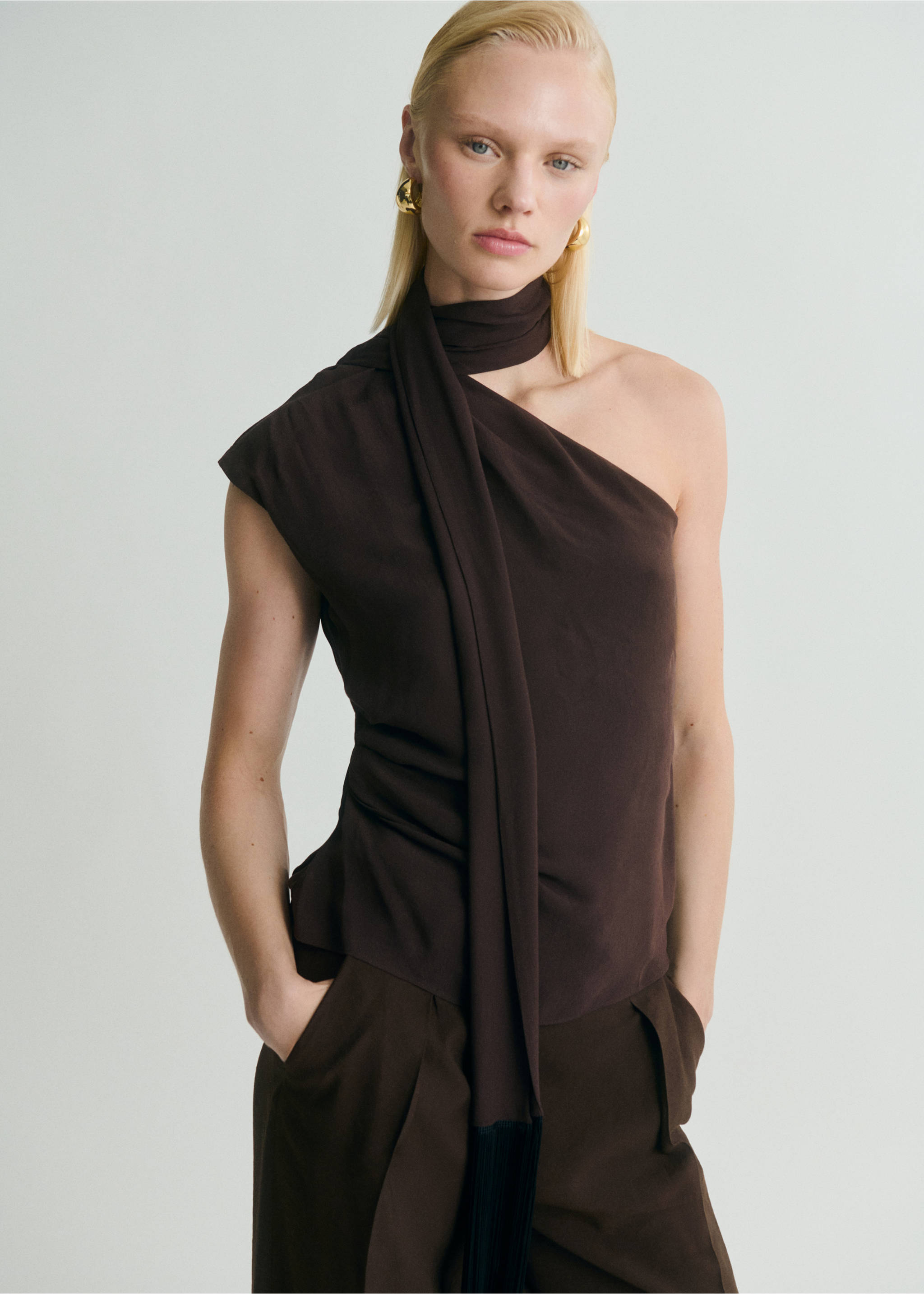 Asymmetrical scarf blouse with fringe detail - Medium plane, Brown. Ref: 87019070-00.