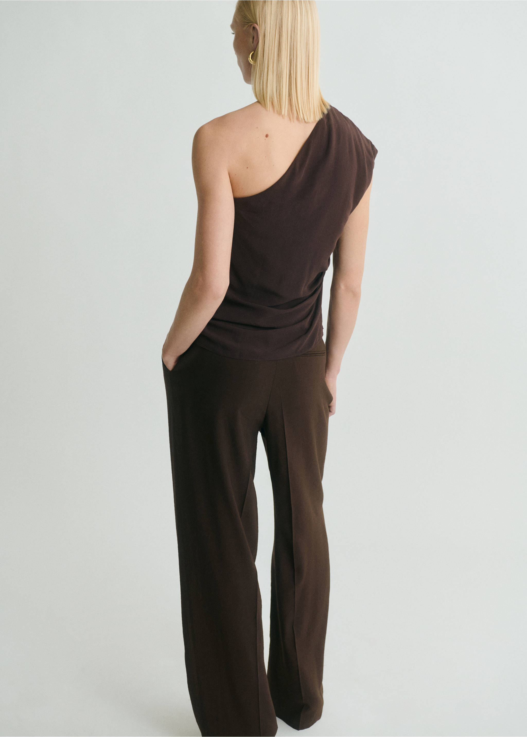 Asymmetrical scarf blouse with fringe detail - Reverse of the article, Brown. Ref: 87019070-00.