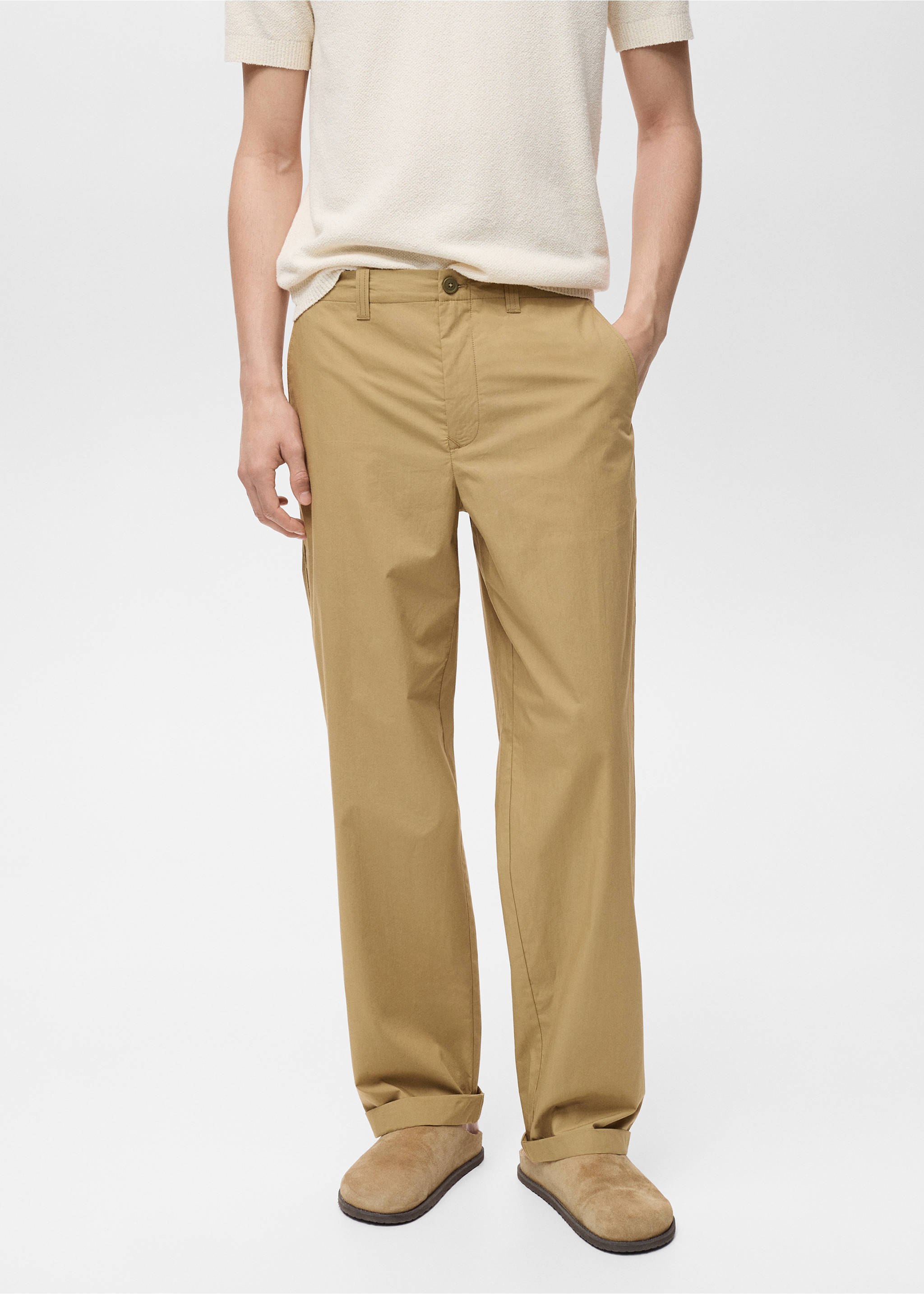 100% straight-fit cotton pants - Medium plane, Beige. Ref: 87019206-00.