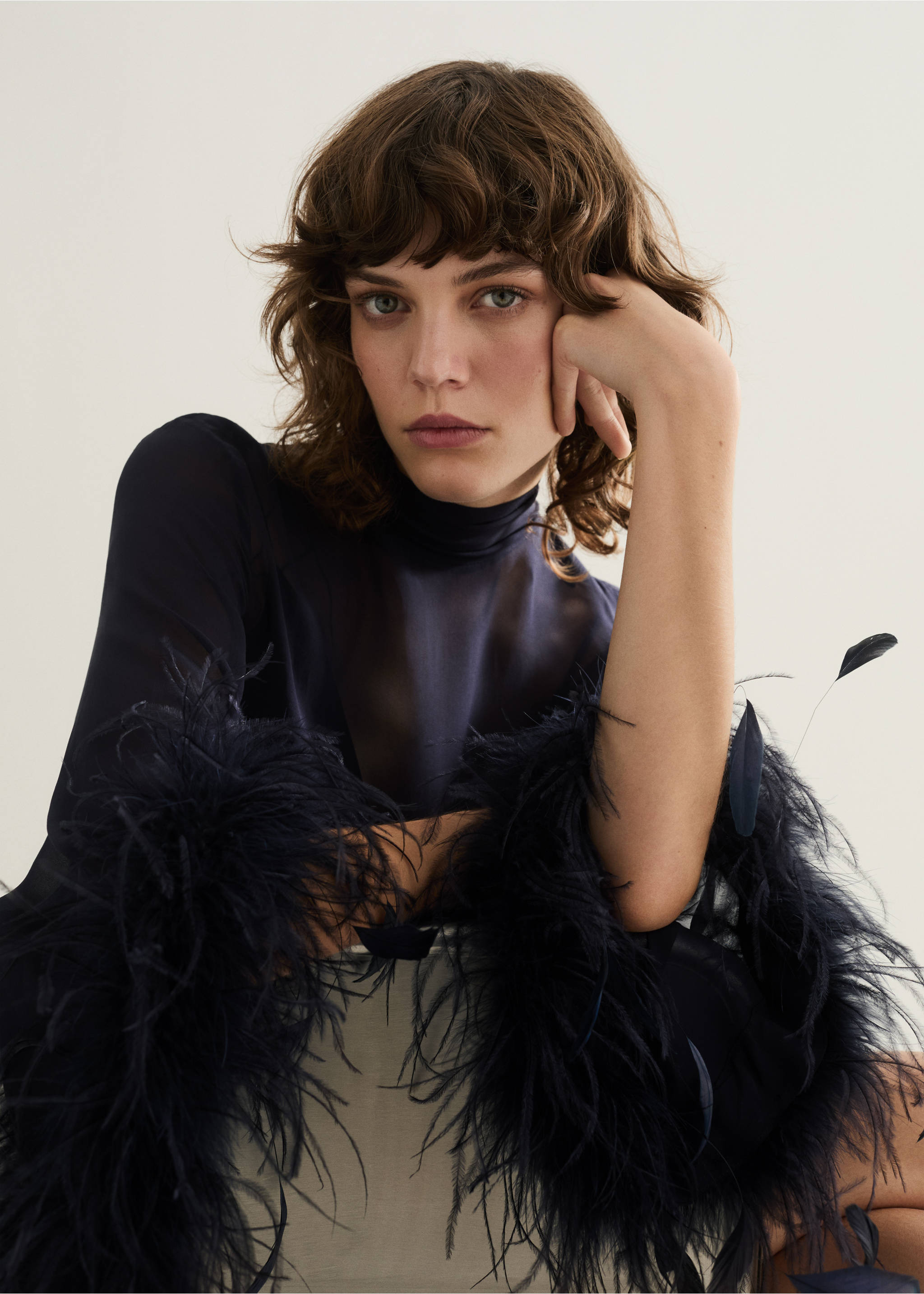 Semi-transparent feather dress - Details of the article 1, Night Blue. Ref: 87020274-00.