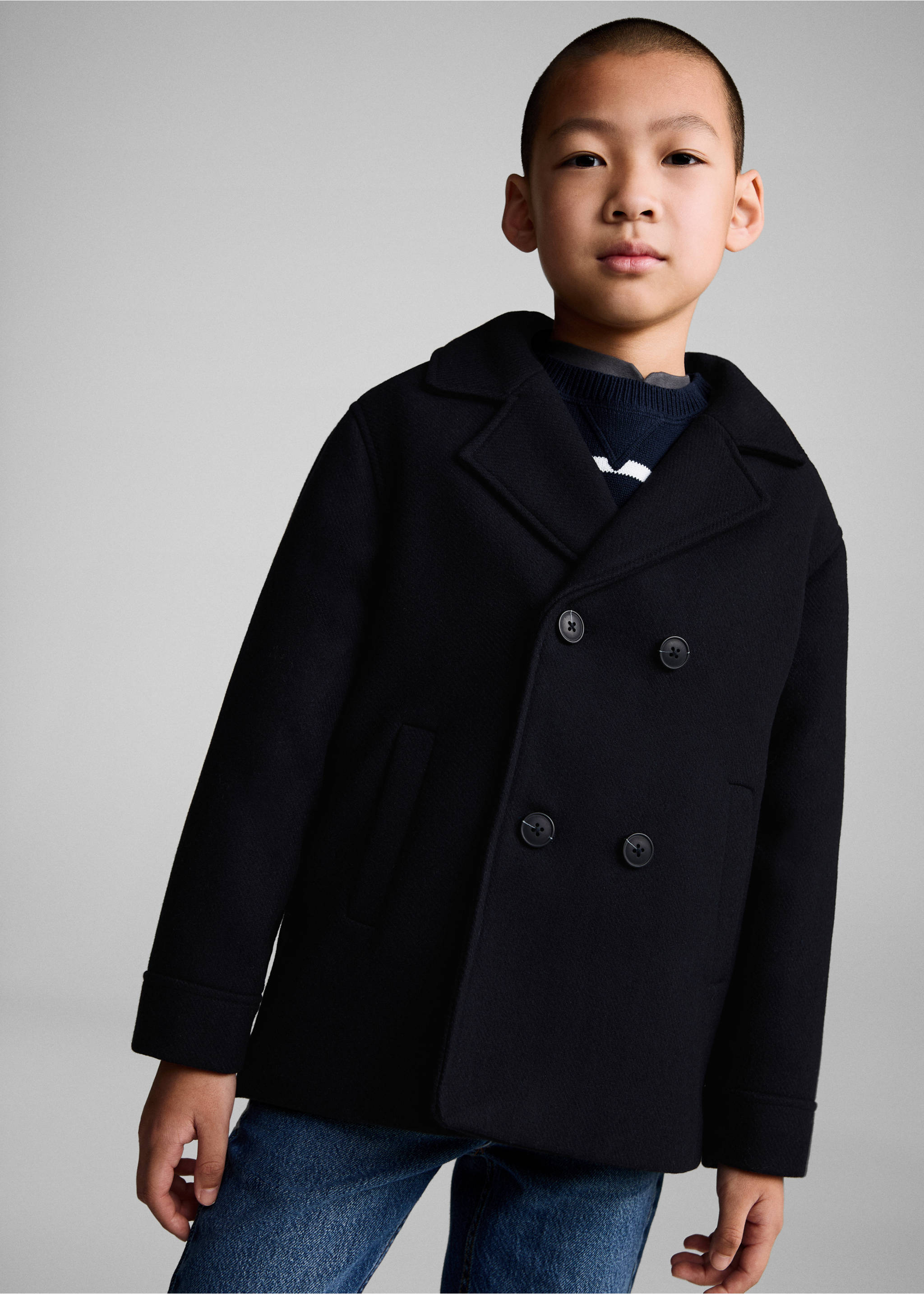 Manteau laine boutons - Plan moyen, Bleu marine foncé. Ref: 87020288-00.