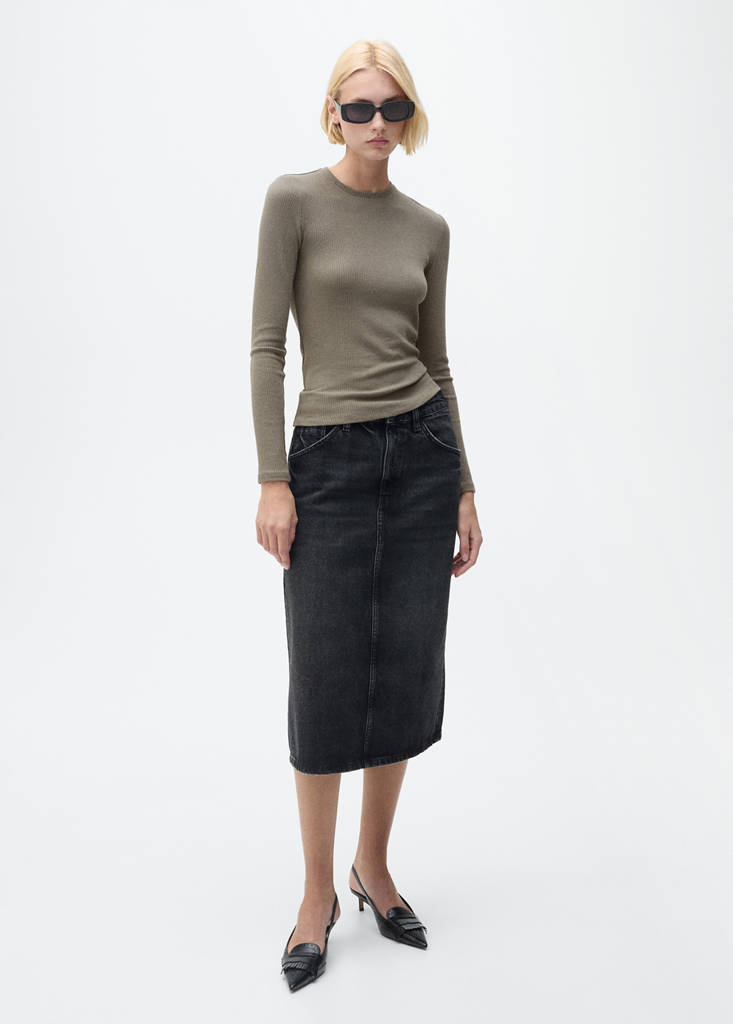 MANGO - T-shirt côtelé manches longues kaki - L