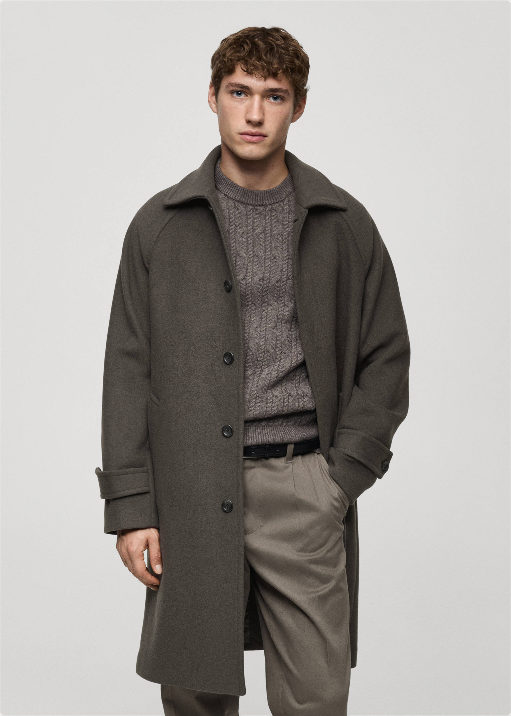 Long recycled wool coat - Medium plane, Khaki. Ref: 87020576-01.