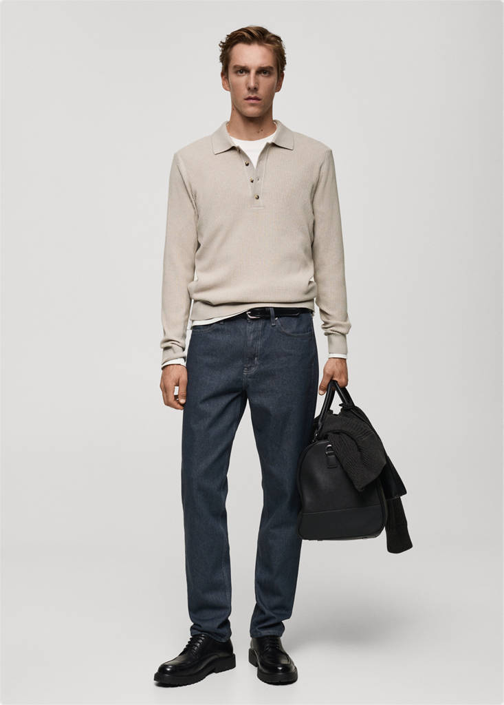 MANGO MAN - Pull-over polo coton mélangé maille côtelée beige - L