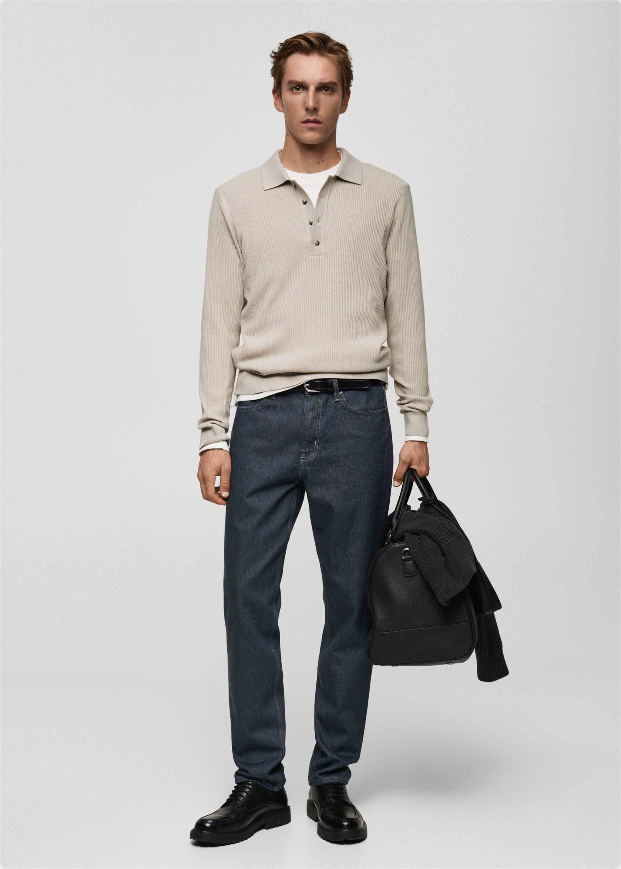 Cotton-blend ribbed polo sweater - General plane
