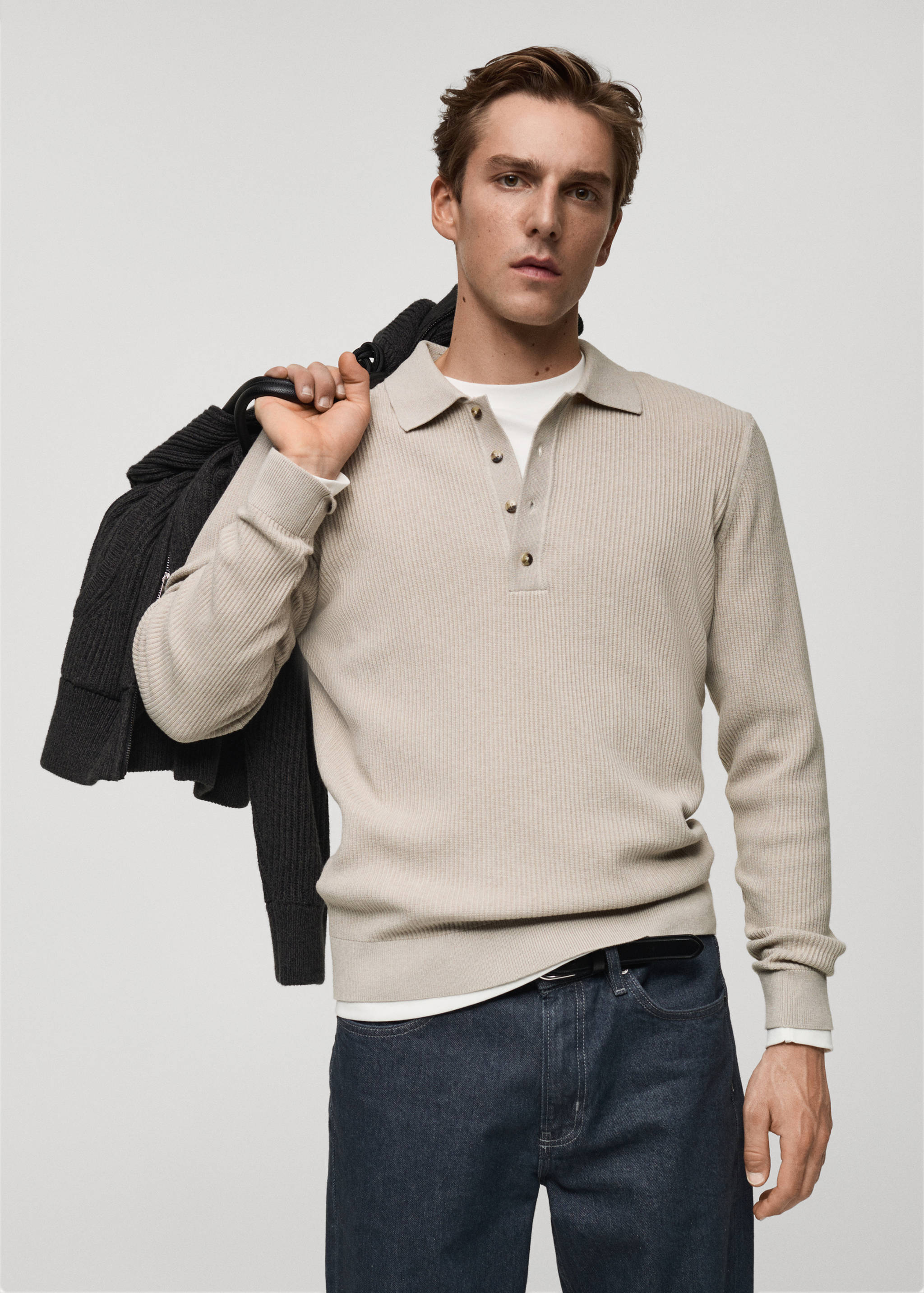 Cotton-blend ribbed polo sweater - Medium plane
