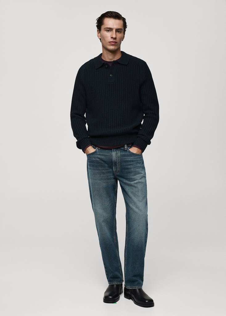 MANGO MAN - Pull-over col polo maille côtelée bleu marine foncé - M