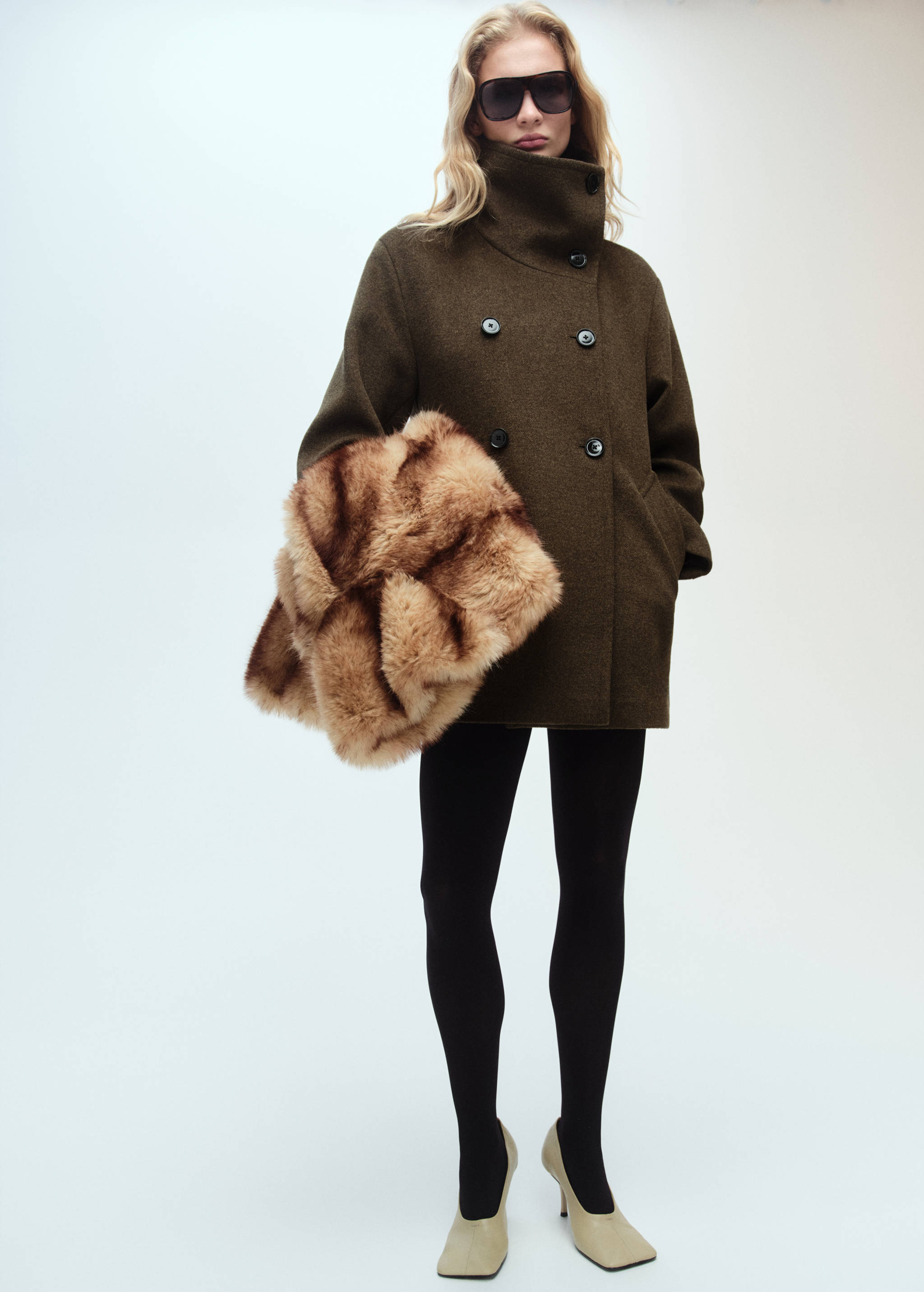 Midi wool coat with wraparound collar - General plane