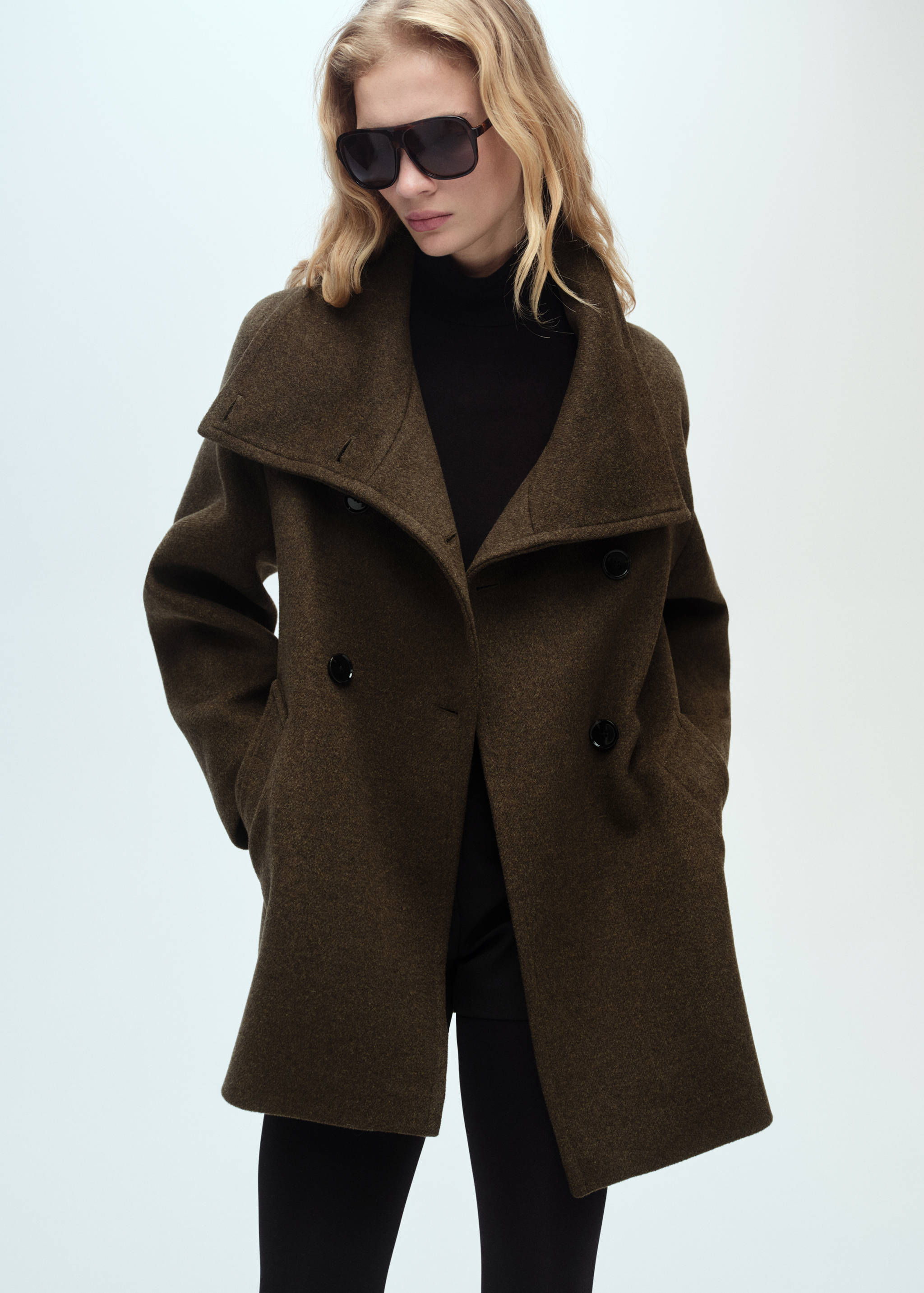 Midi wool coat with wraparound collar - Medium plane