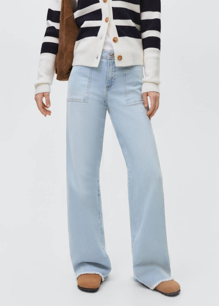 Wideleg low frayed hem jeans — Light Blue