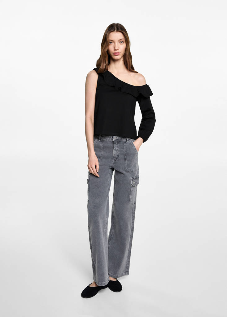 Ruffled asymmetric T-shirt — Black