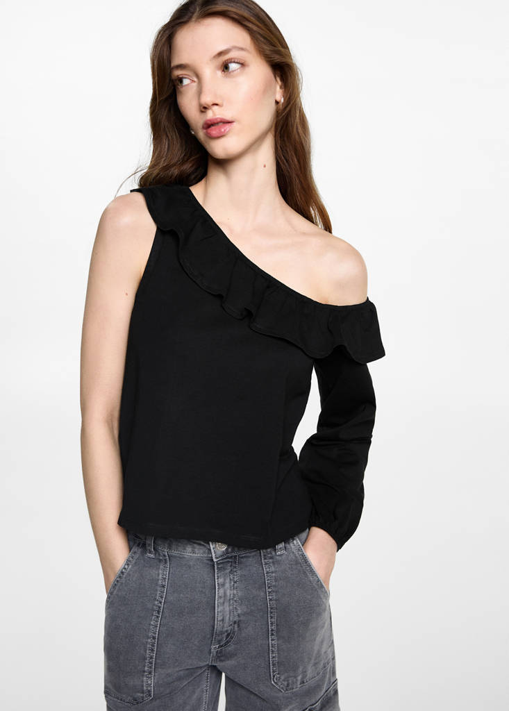 Ruffled asymmetric T-shirt — Black