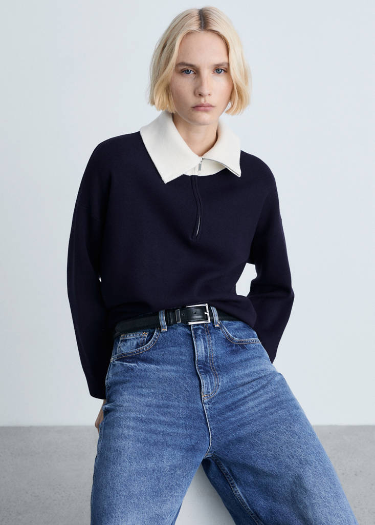 Knitted sweater with contrasting collar — Dark Navy