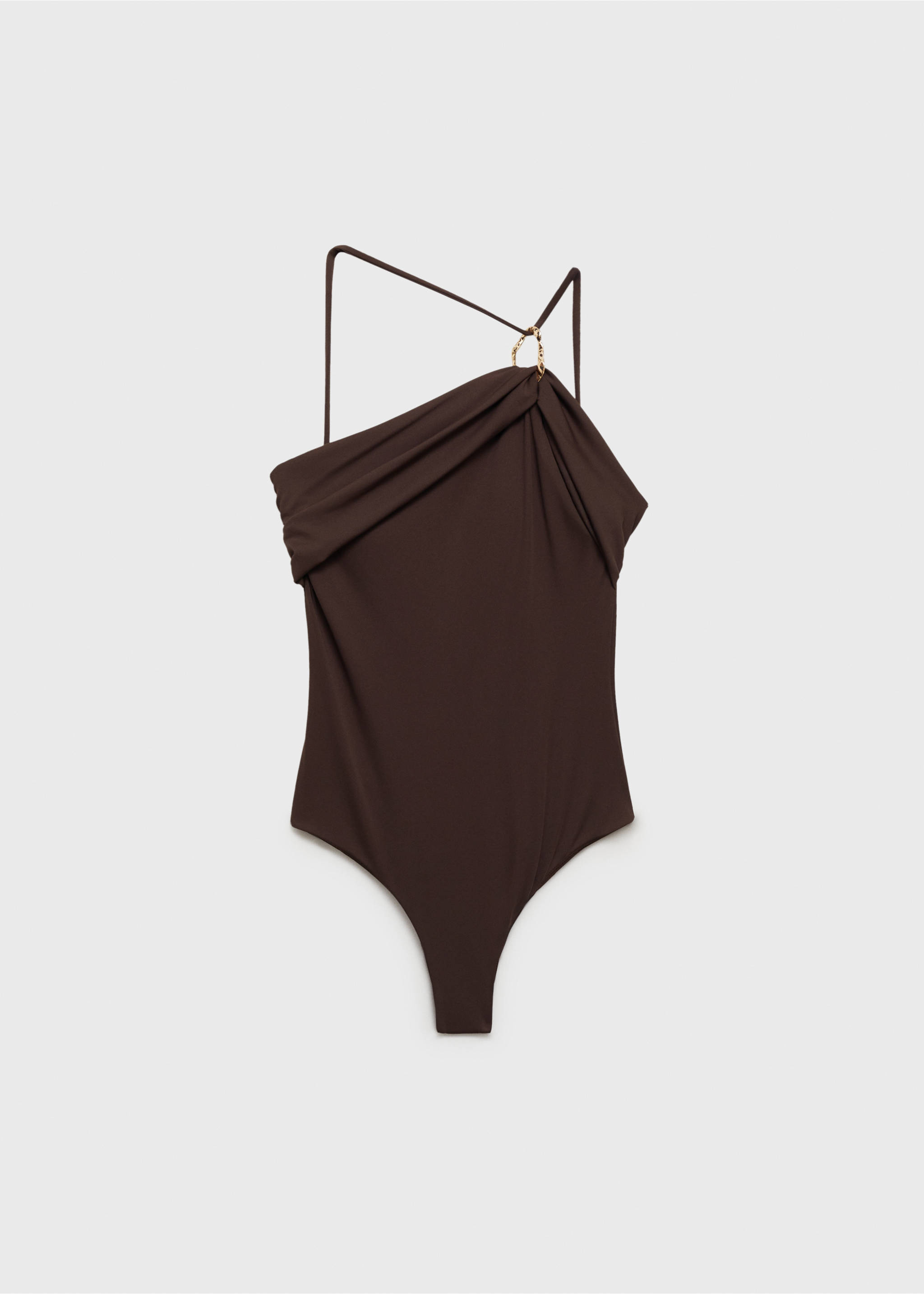 Brown one-piece swimsuit featuring a draped one-shoulder neckline and gold ring detail., Chocolate. Ref: 87024390-00.